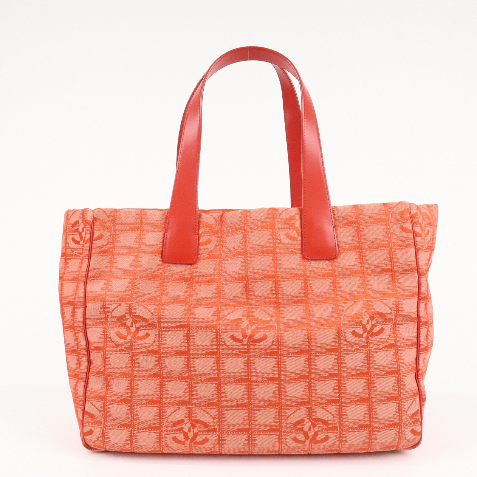 CHANEL New Travel Line Nylon Jacquard Leather Tote Bag Red A15991 Used