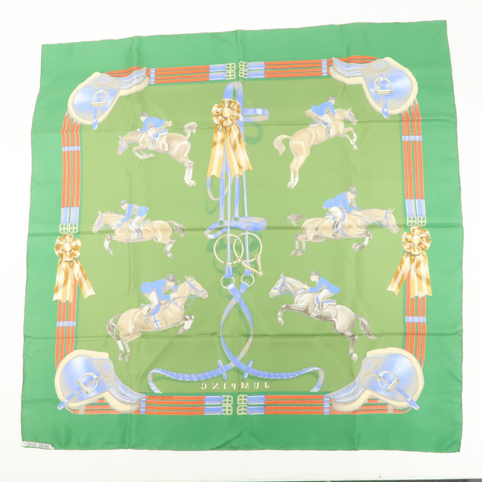 HERMES Carre 90 100% Silk Scarf JUMPING Riding Horse Green Used