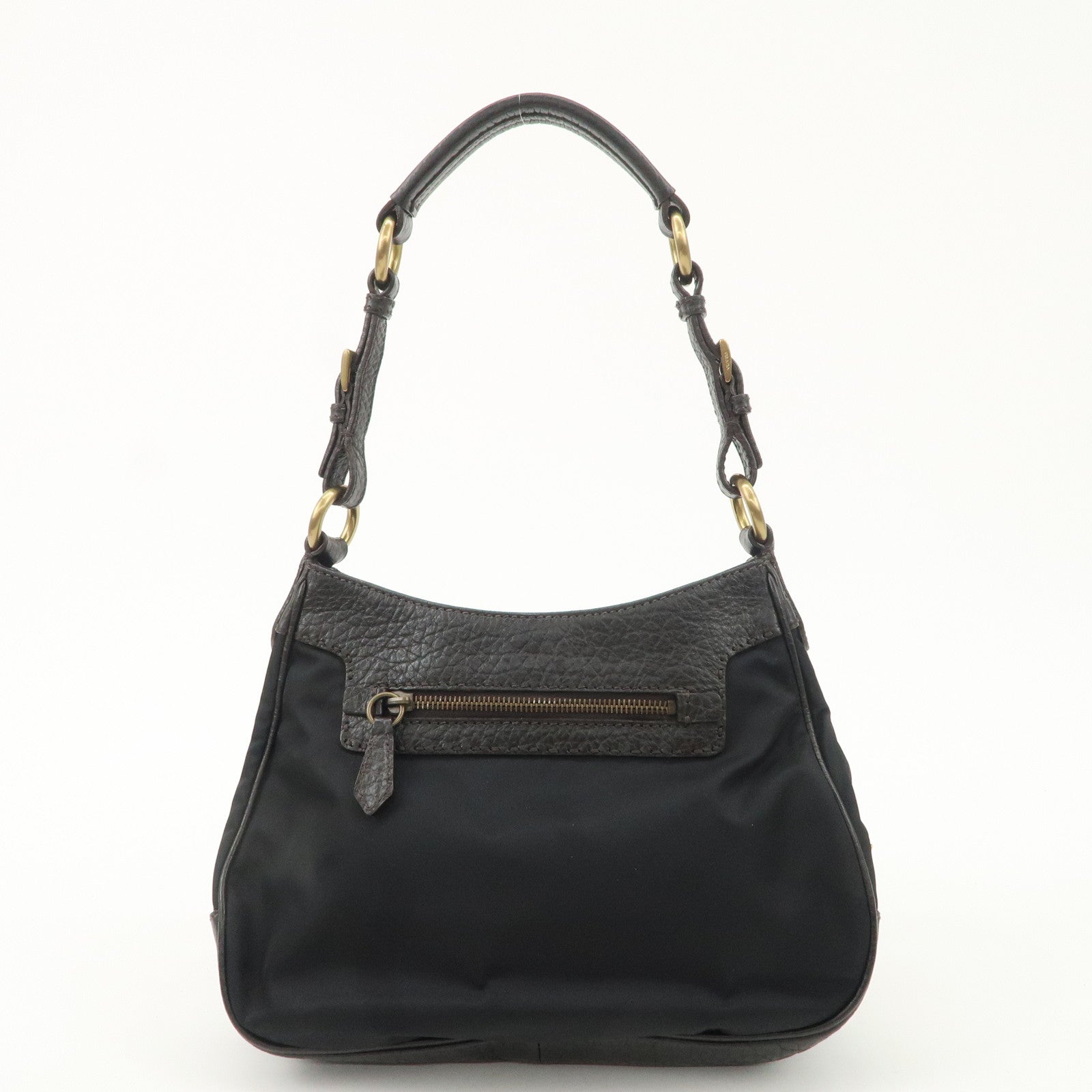 PRADA Nylon Leather Shoulder Bag Black Dark Brown BR1973 Used
