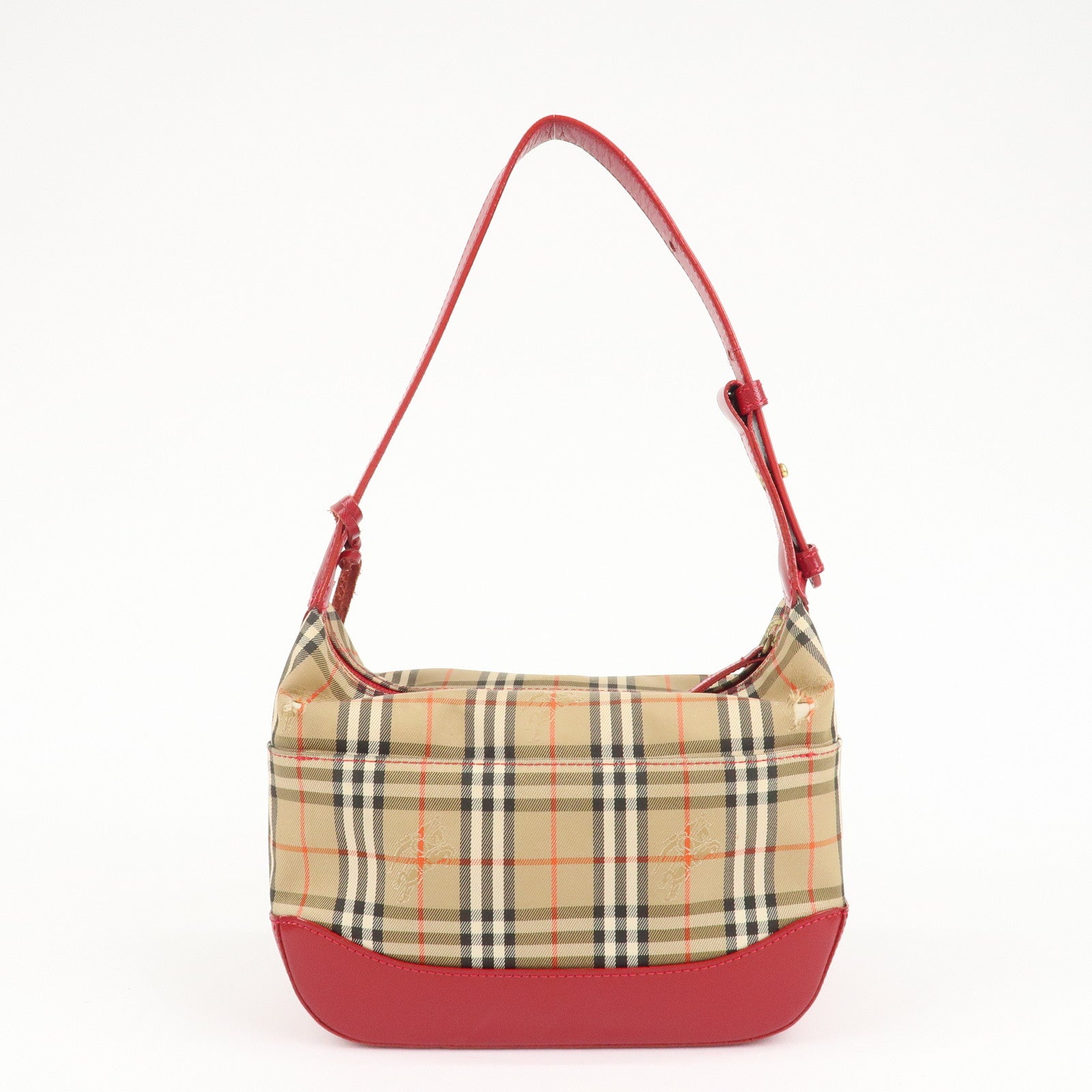 BURBERRY Nova Plaid Canvas Leather Shoulder Bag Hand Bag Red Used