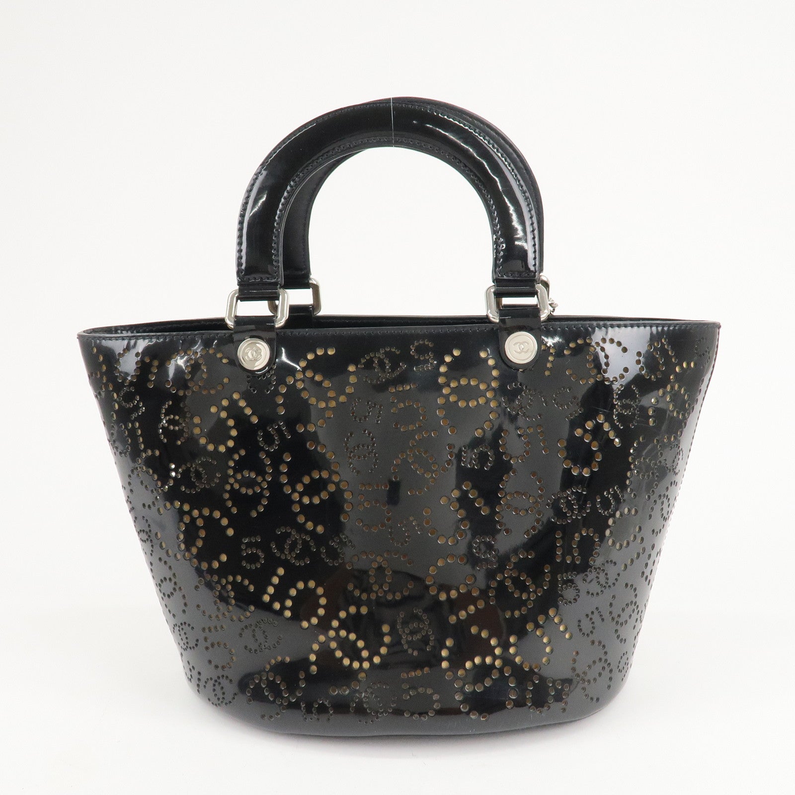 CHANEL COCO Mark No.5 Patent Leather Punching Hand Bag Black Used