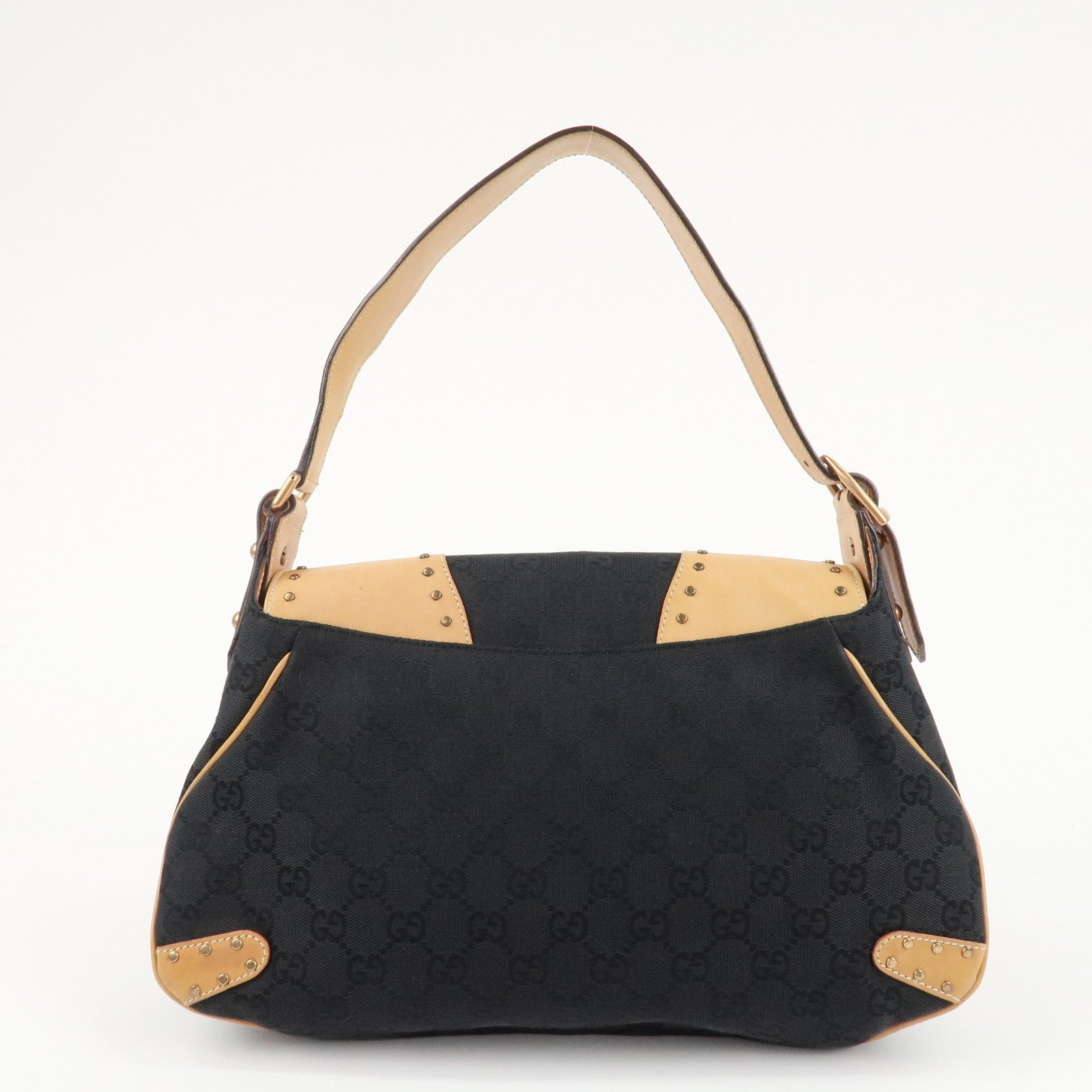 GUCCI Horsebit GG Canvas Leather Studs Shoulder Bag Black 114915 Used