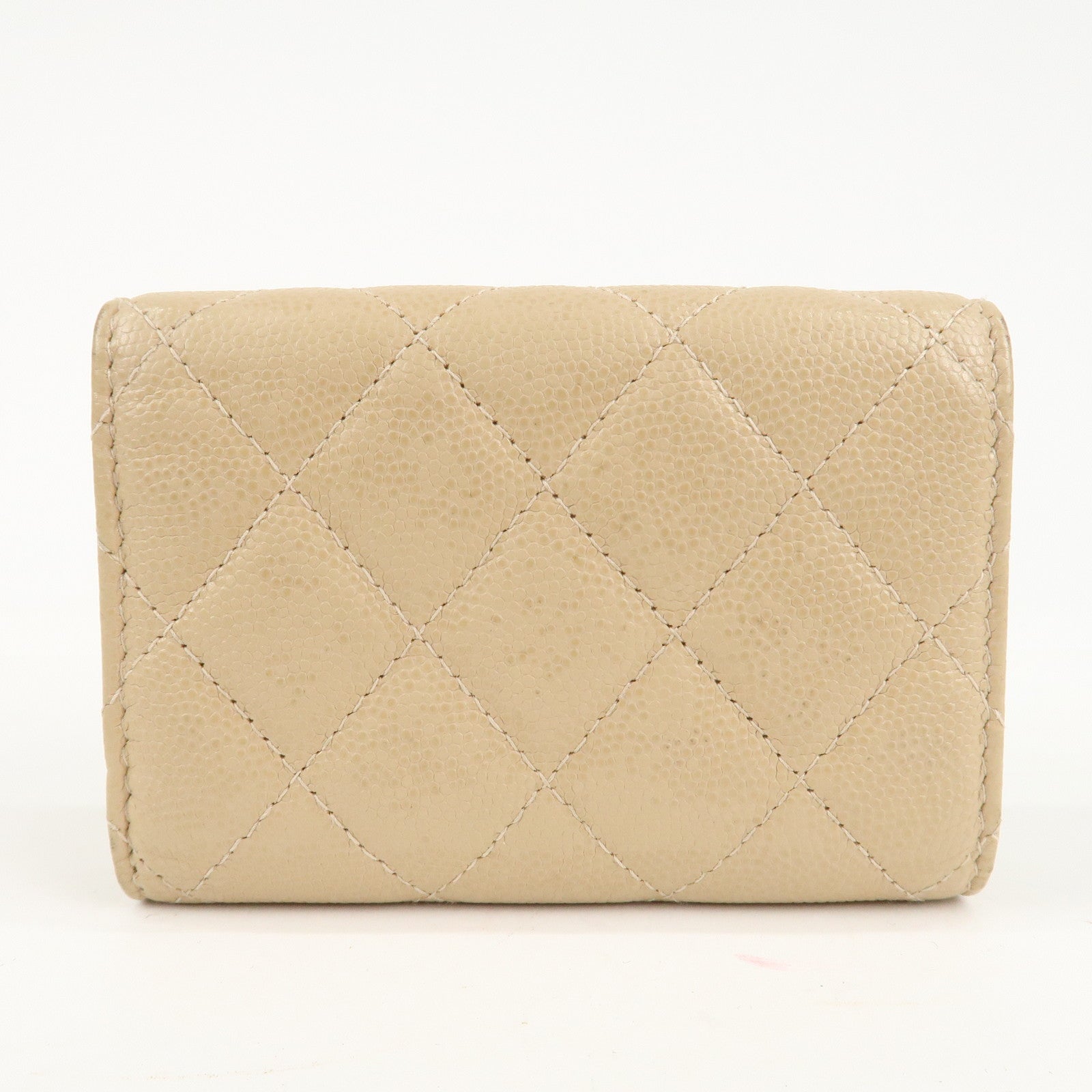 CHANEL Matelasse Cavier Skin Compact Wallet Beige Silver HDW Used