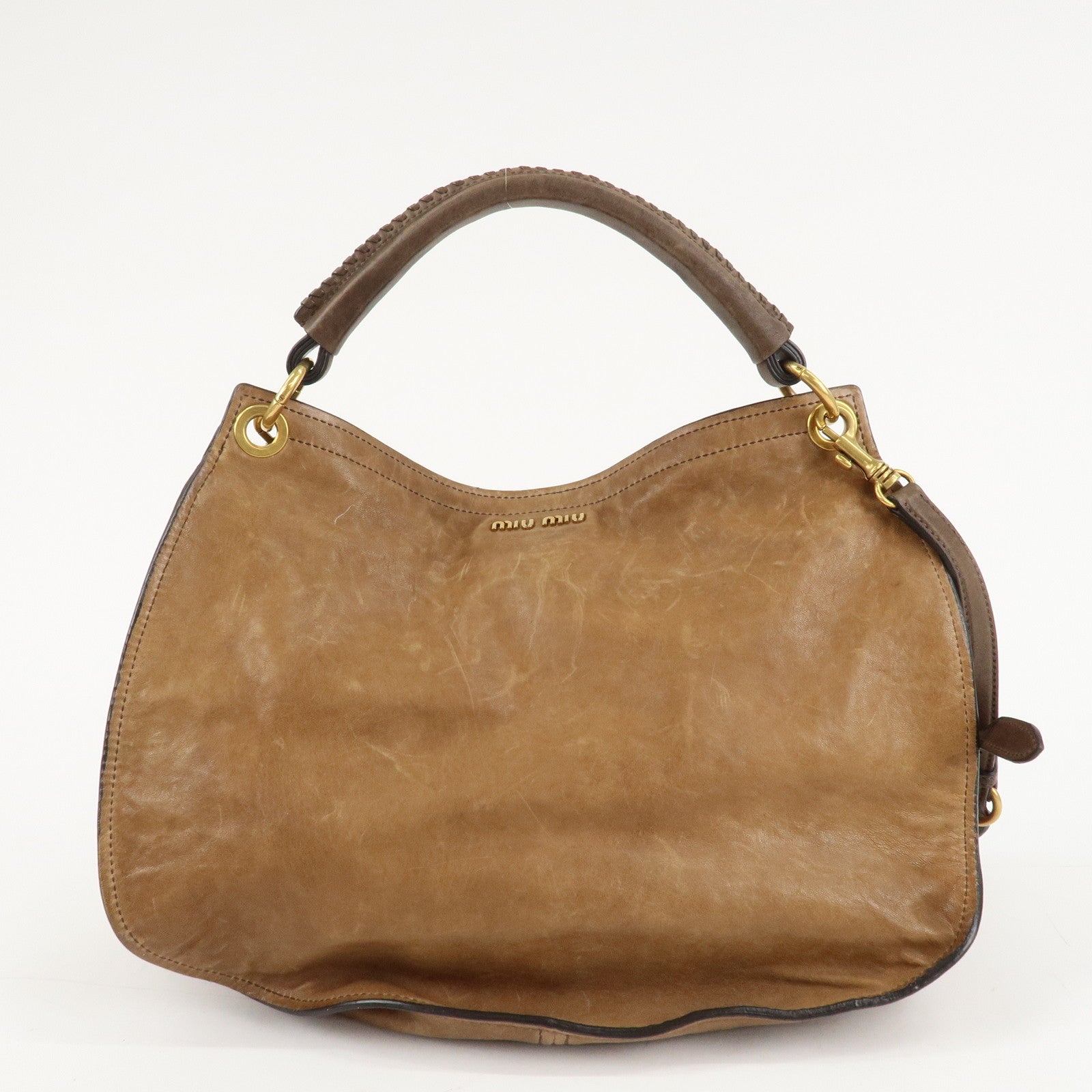 MIU MIU Leather 2Way Bag Hand Bag Shoulder Bag Brown Gold HDW Used