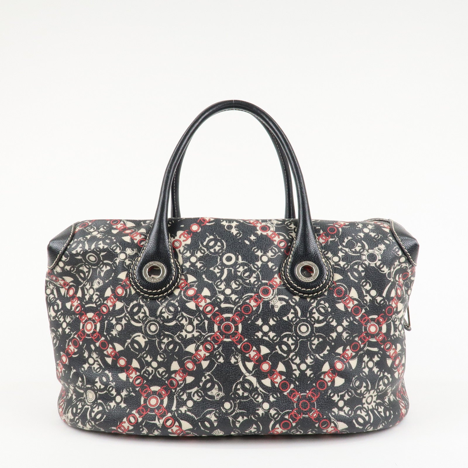 CHANEL COCO Travel PVC Leather Boston Bag Black Silver HDW Used