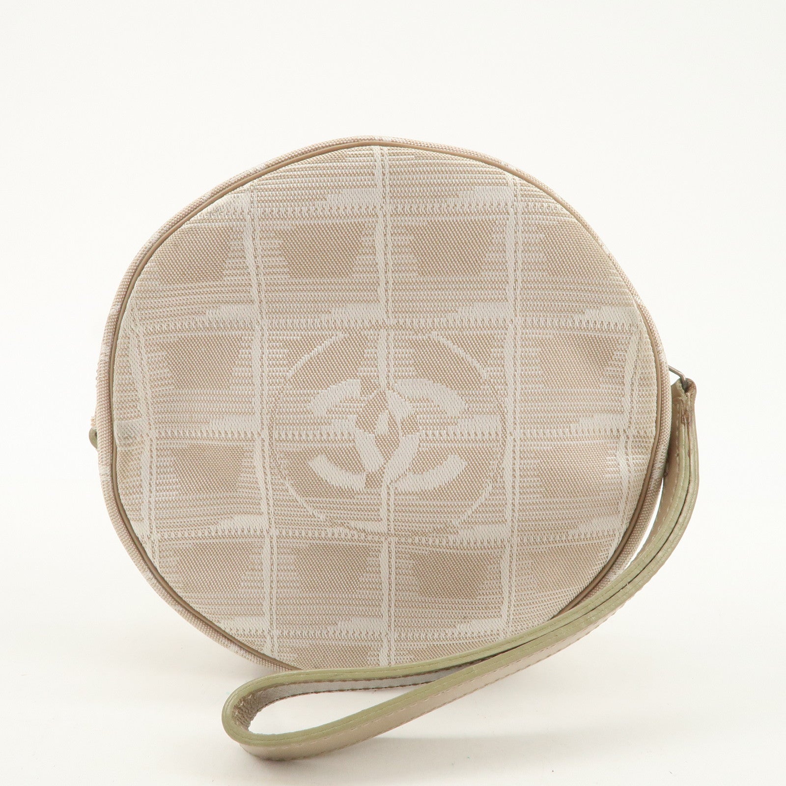 CHANEL New Travel Line Nylon Jacquard Leather Round Pouch T9951S Used