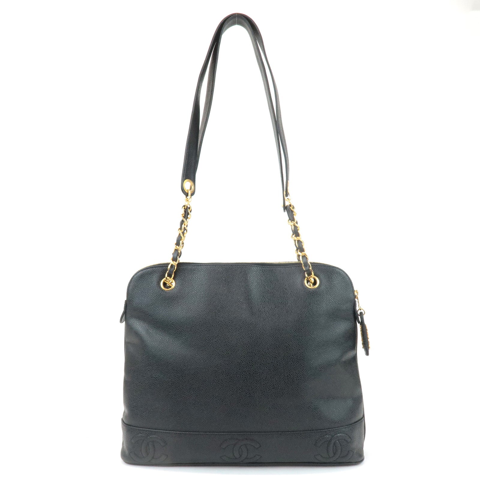 CHANEL Triple COCO Caviar Skin Chain Tote Bag Shoulder Bag Black Used