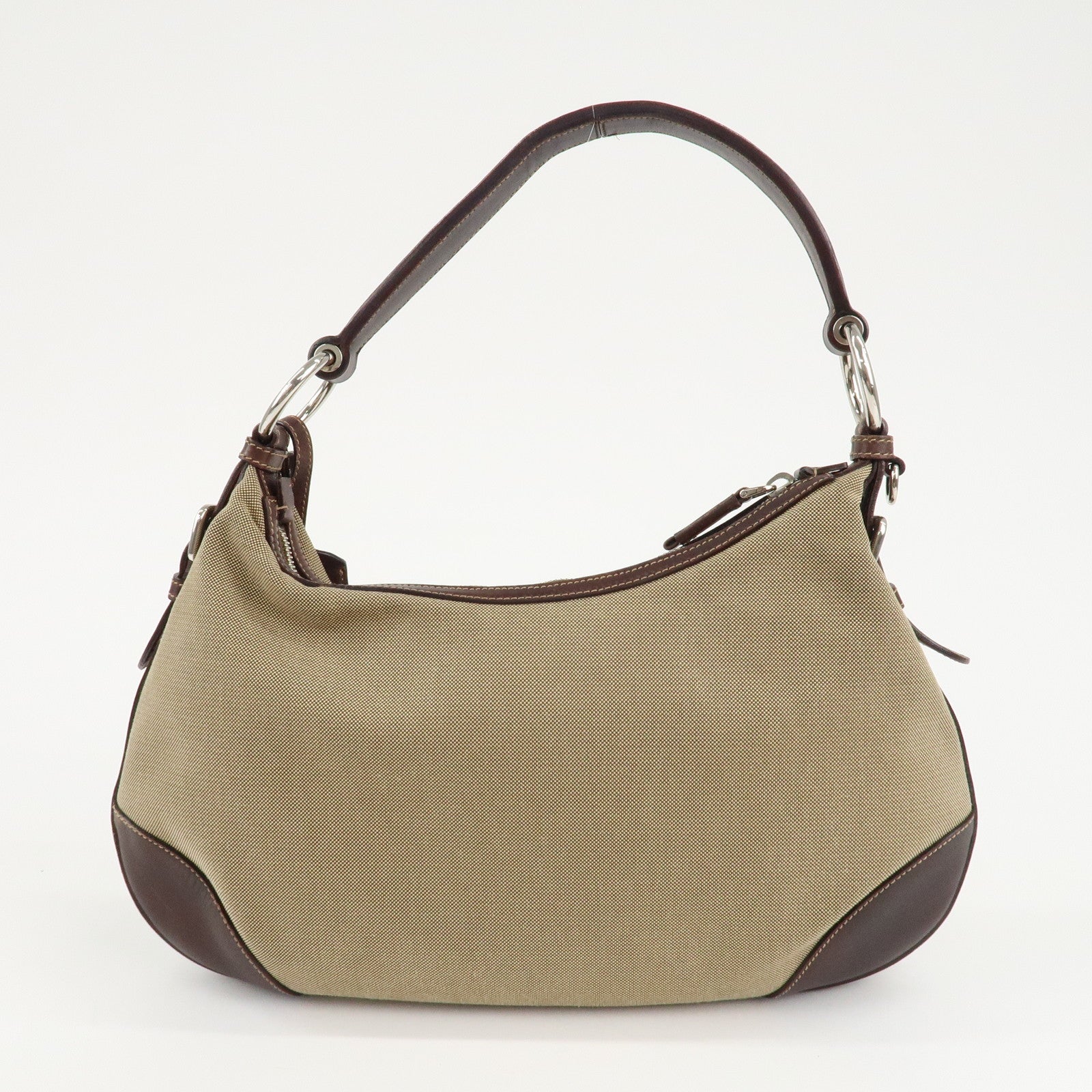 PRADA Logo Jacquard Leather Shoulder Bag Beige Brown Used