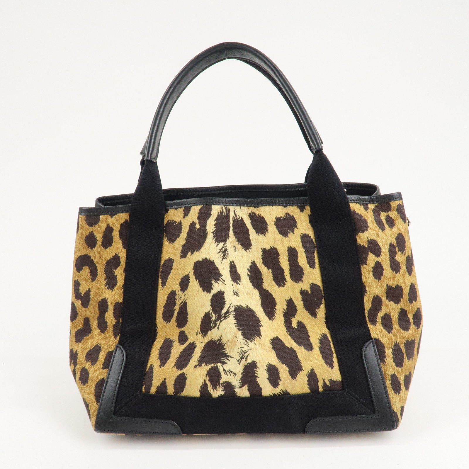 BALENCIAGA Navy Cabas S Canvas Leather Tote Bag Leopard 339933 Used