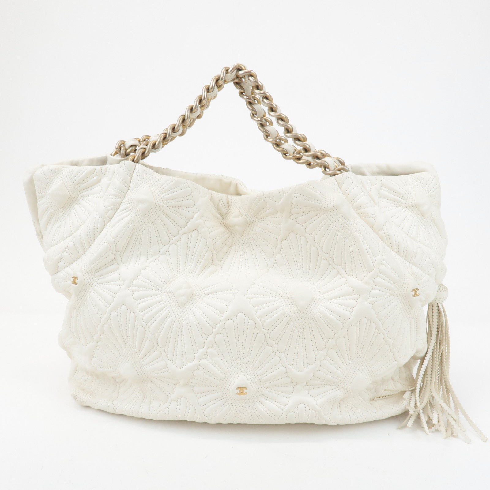 CHANEL Leather Quilting Chain Tote Bag White Used