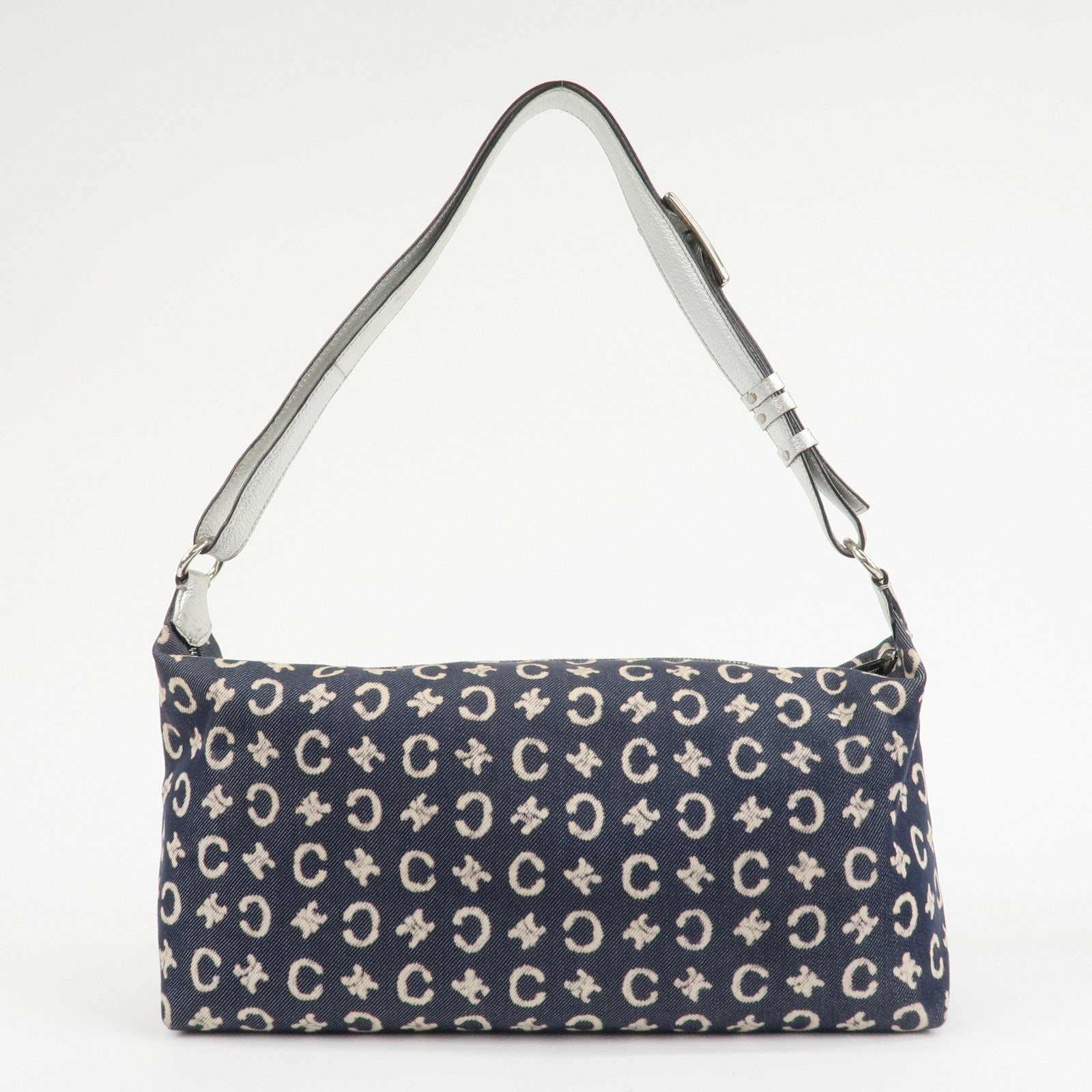 CELINE C Macadam Canvas Leather Shoulder Bag Navy Silver Used