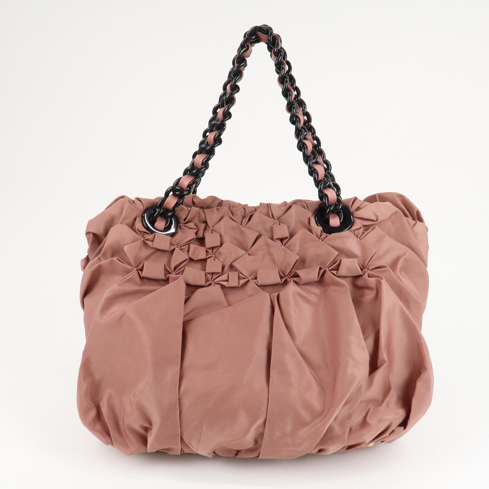 Prada Nylon Leather Gathered Chain Shoulder Tote Bag Pink Black Used