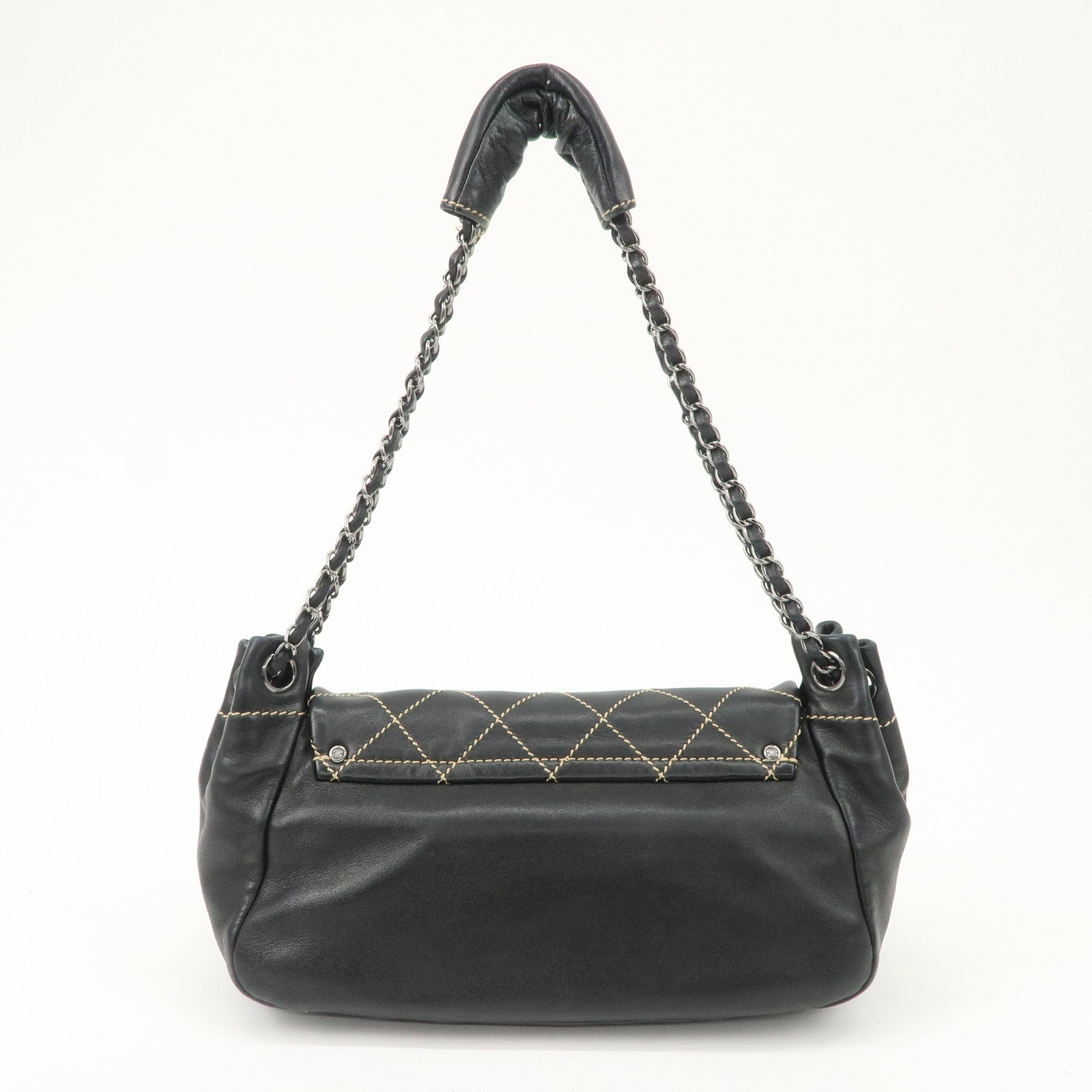 CHANEL COCO Mark Wild Stitch Lamb Skin Chain Shoulder Bag Black Used