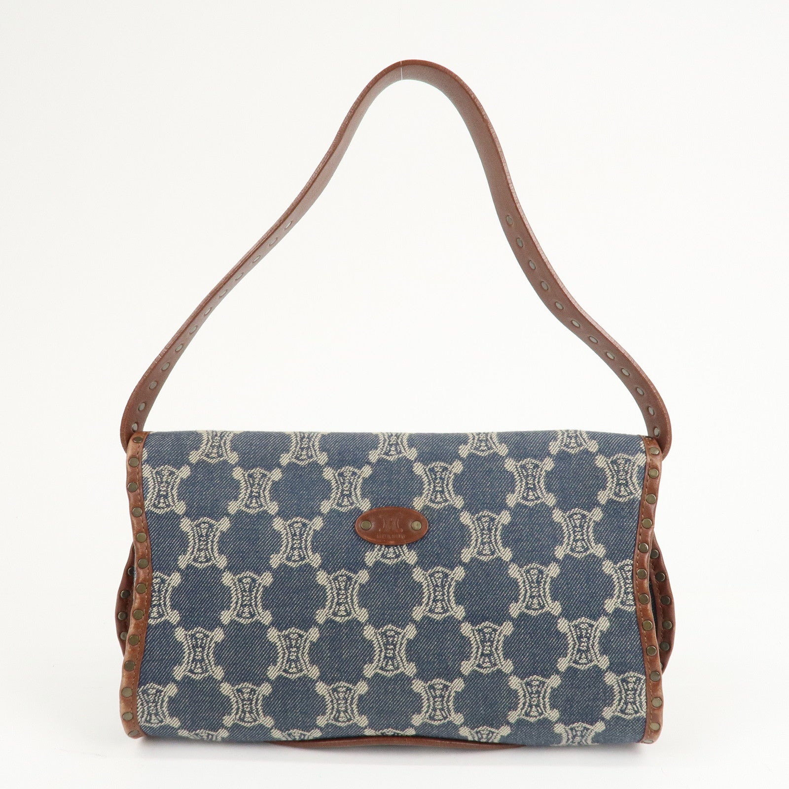 CELINE Macadam Denim Leather Shoulder Bag Blue Brown Used