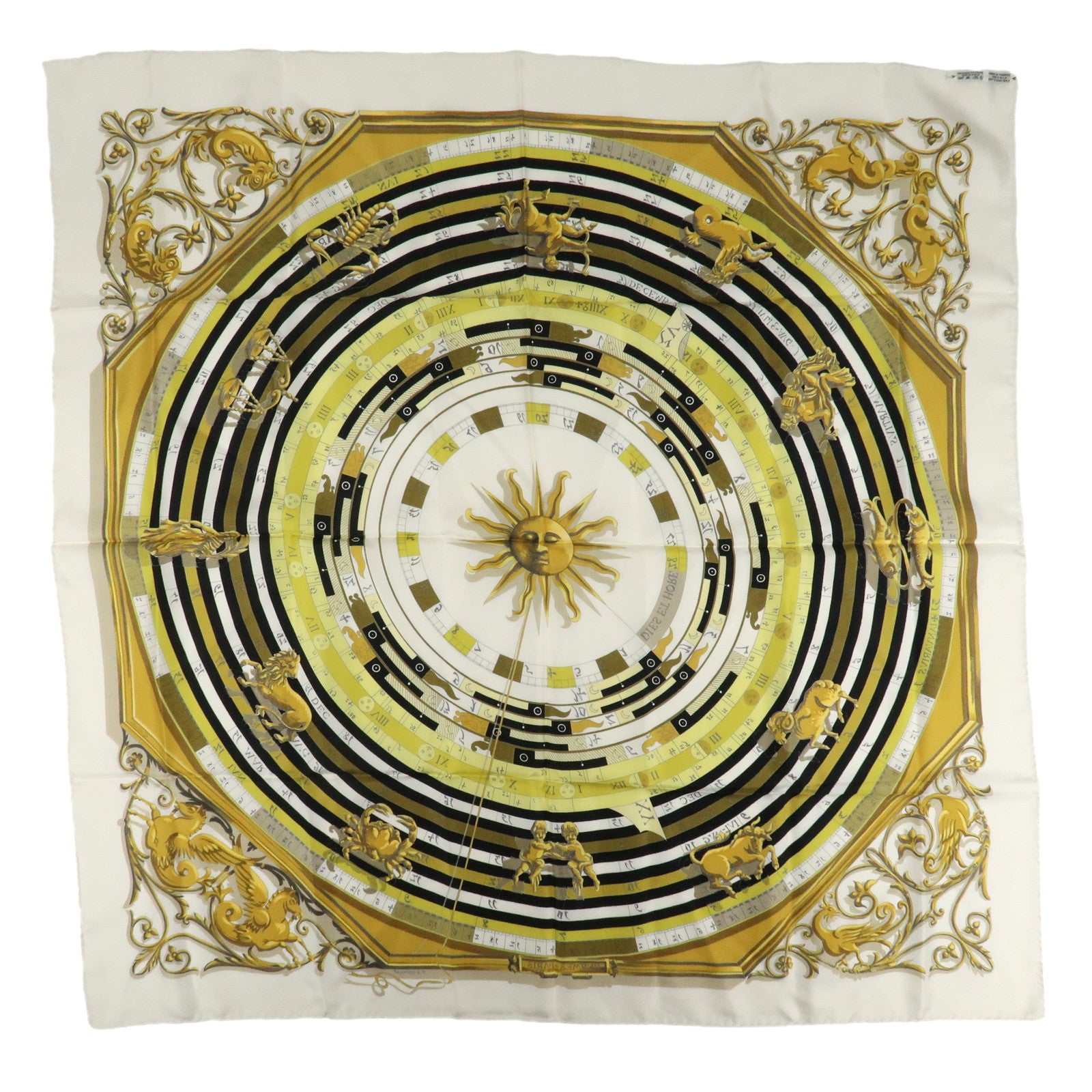 HERMES Carre 90 Silk 100% Scarf DIES ET HORE White Gold Black Used