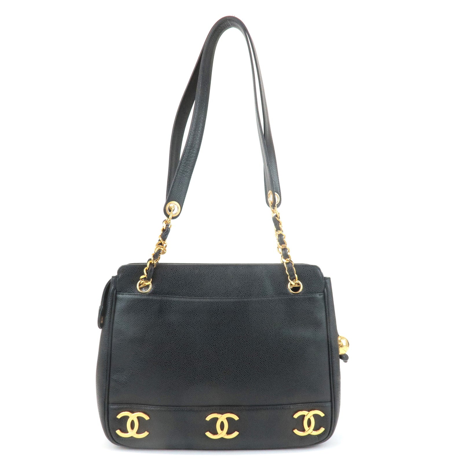 CHANEL Triple COCO Caviar Skin Tote Bag Black Gold Used