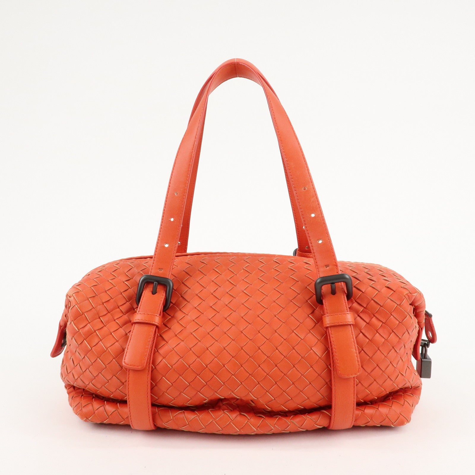 BOTTEGA VENETA Intrecciato Leather Boston Montaigne Bag Orange Used