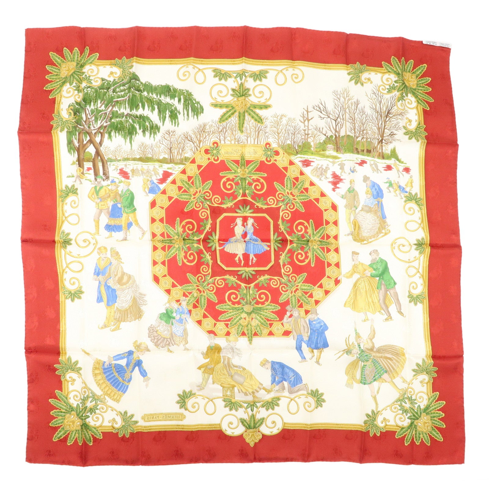 HERMES Carre 90 100% Silk Scarf Joies d’Hiver Red White Gold Used
