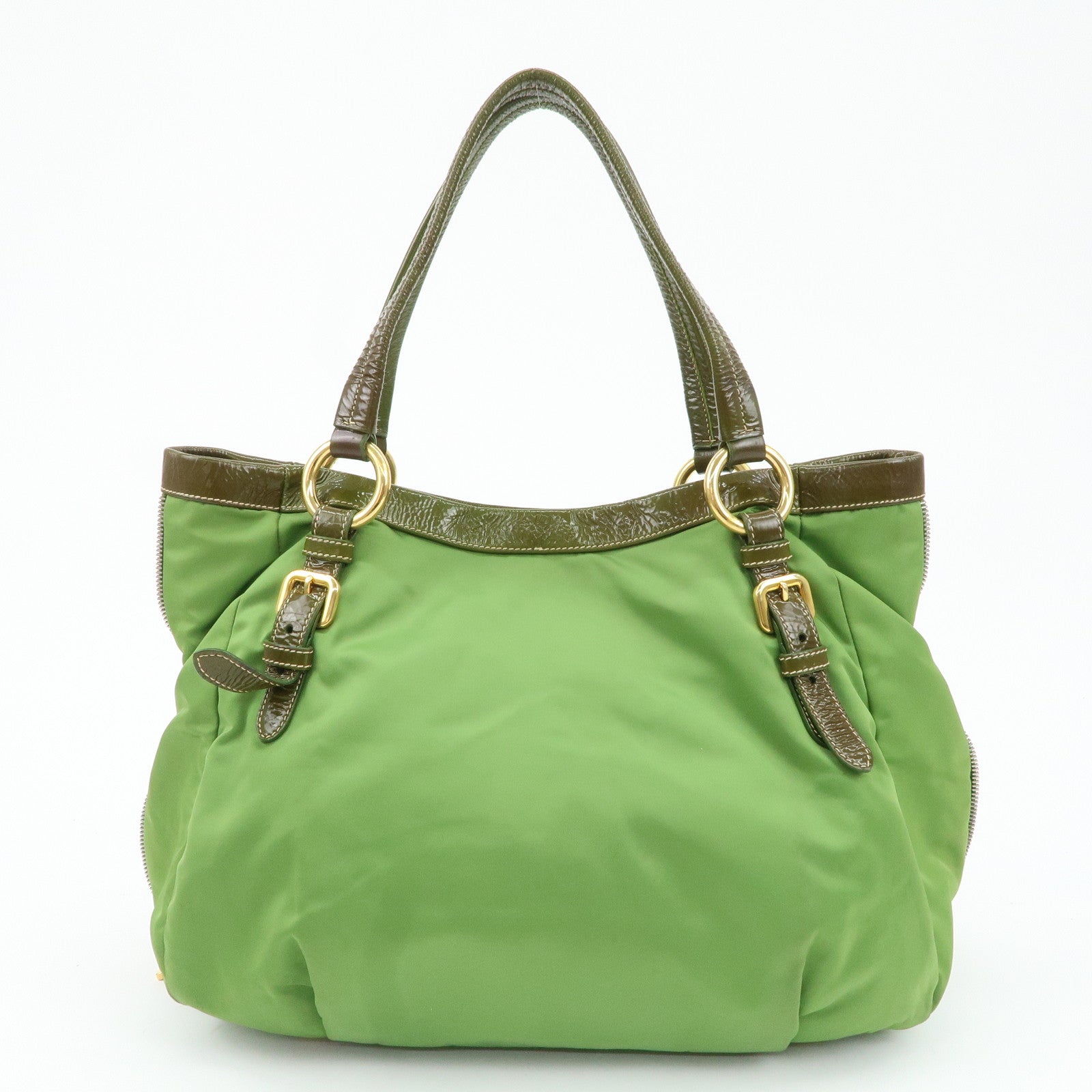 PRADA Nylon Patent Leather Tote Bag Shoulder Bag Green Khaki Used