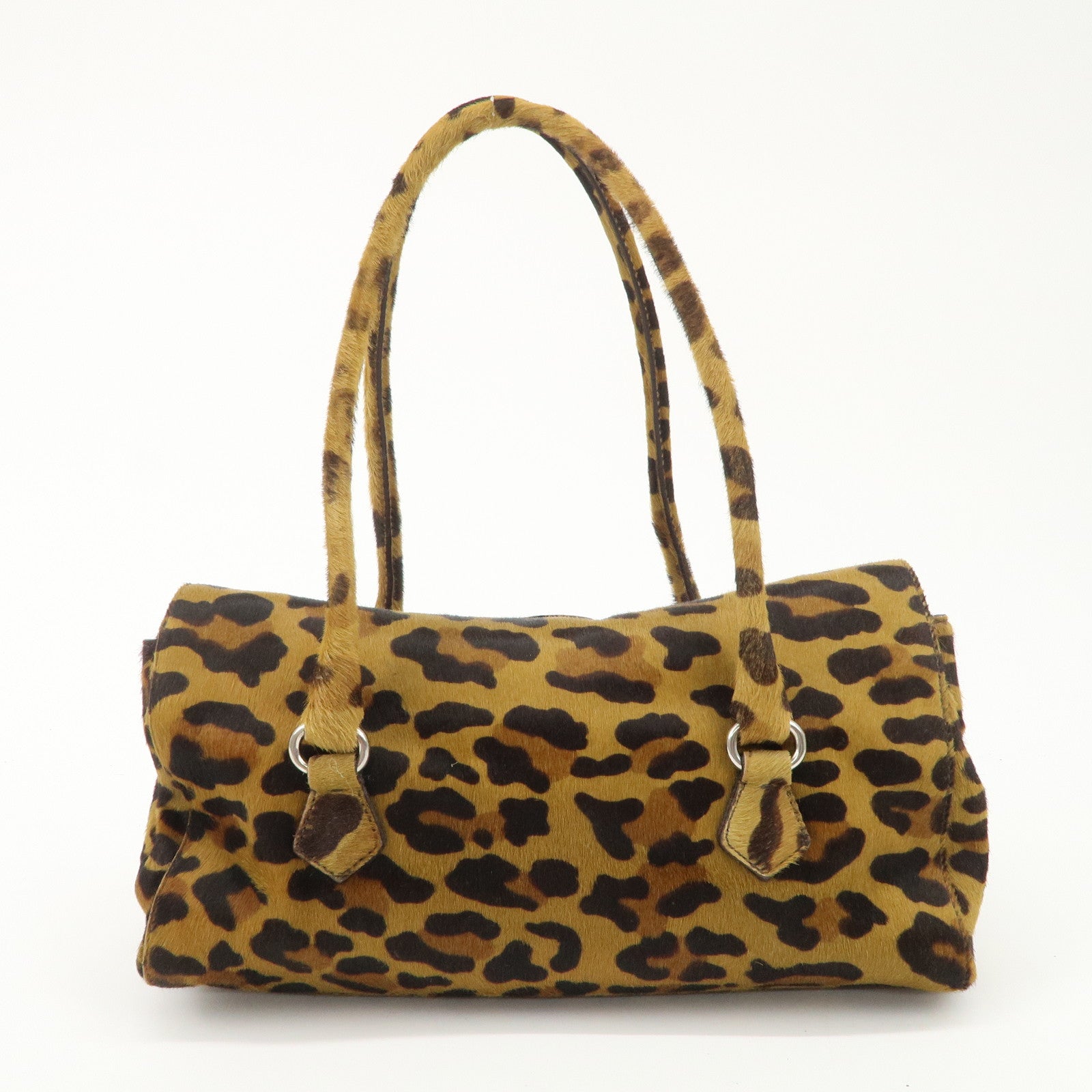 PRADA Logo Unborn Calf Leopard Shoulder Bag Hand Bag Brown Used