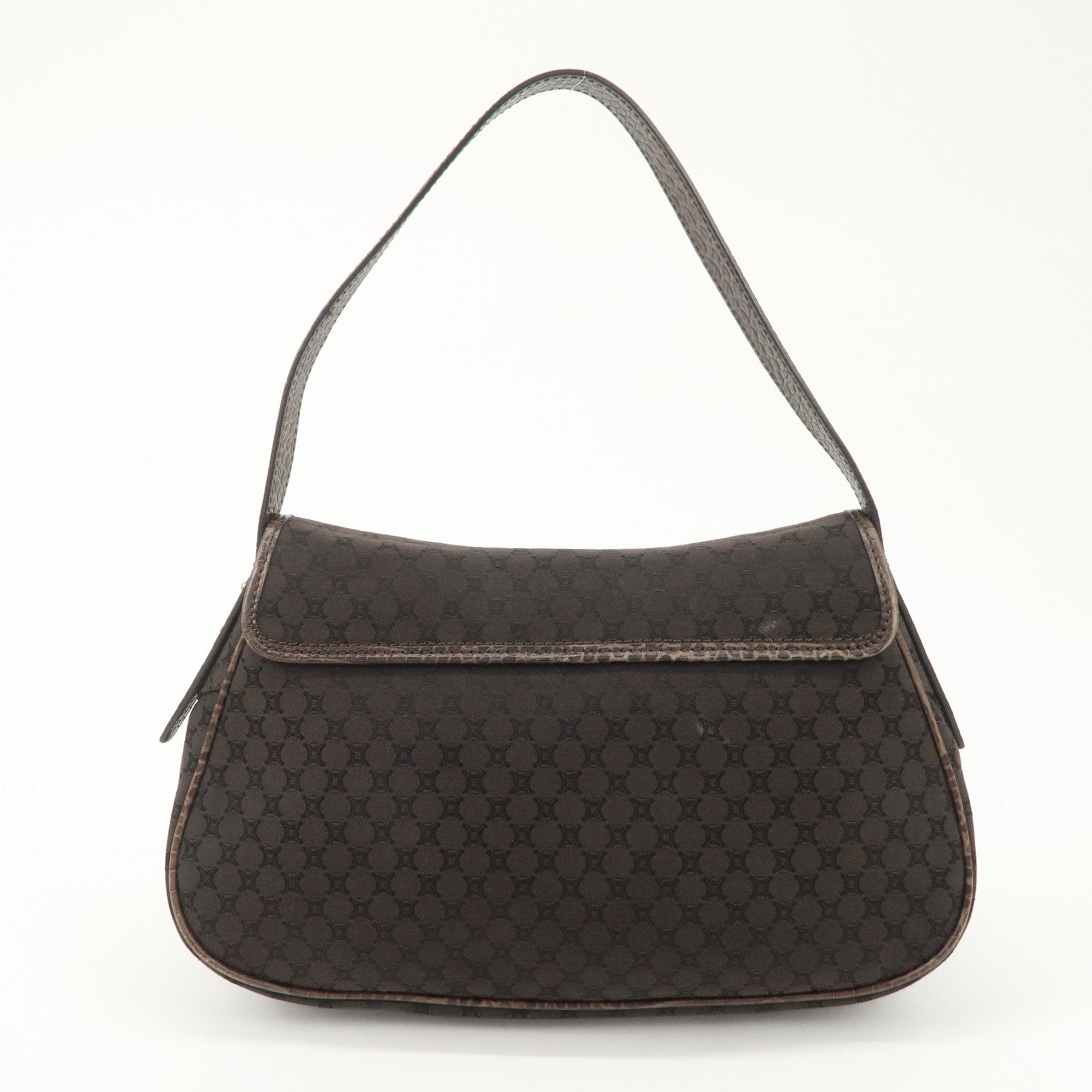 CELINE Macadam Canvas Leather Shoulder Bag Dark Brown Used