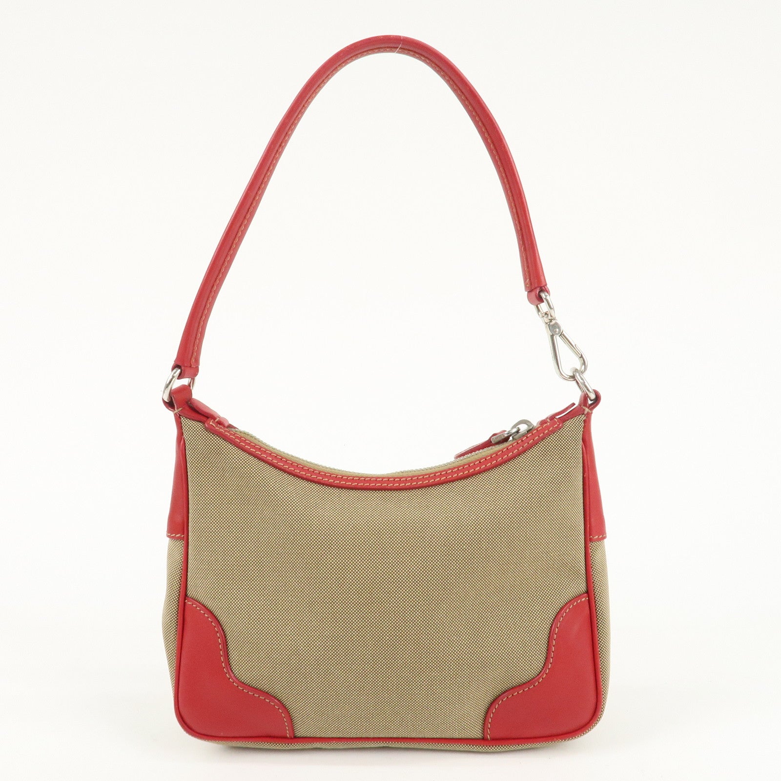 PRADA Logo Jacquard Leather Shoulder Bag Beige Red Used