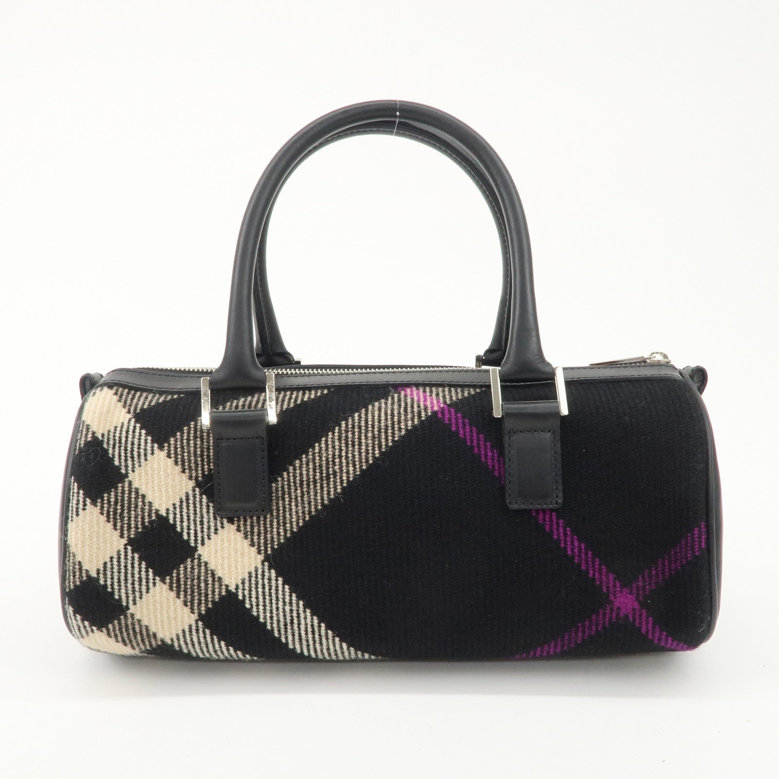 BURBERRY Wool Leather Boston Bag Hand Bag Black Beige Purple Used