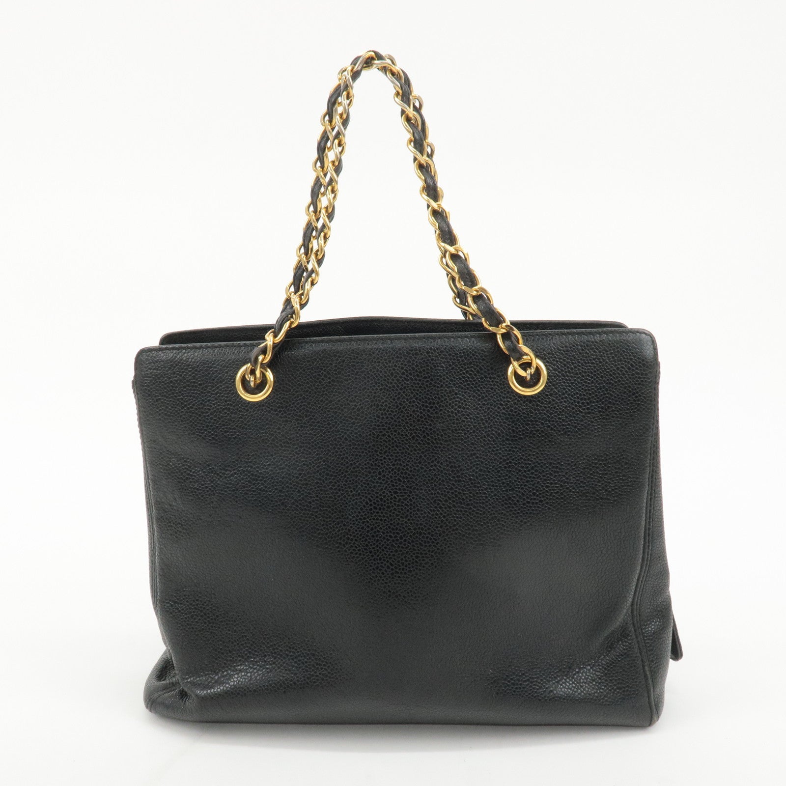 CHANEL Caviar Skin Chain Tote Bag Black Gold Used