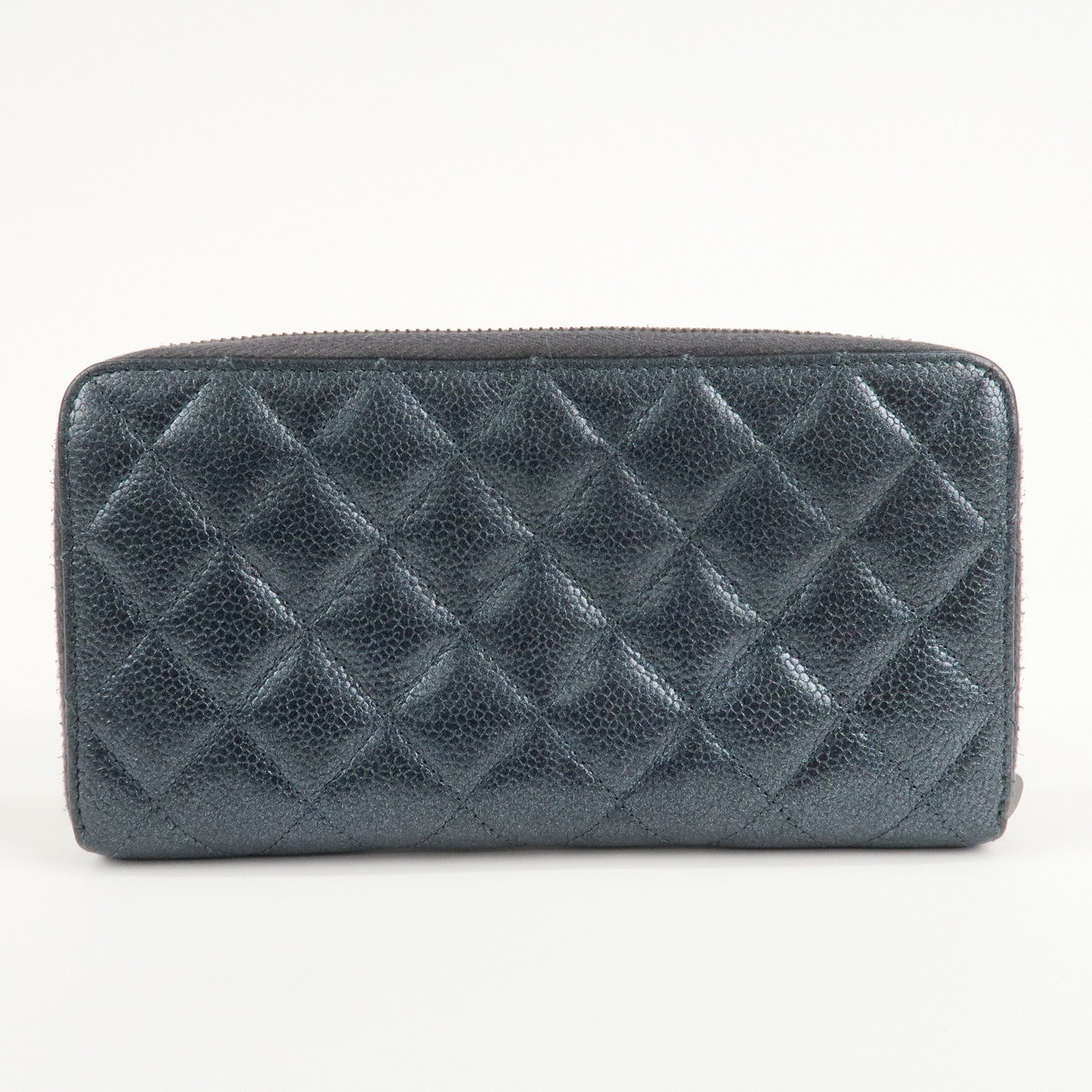 CHANEL Matelasse Caviar Skin Zip Around Long Wallet Metal Blue Used