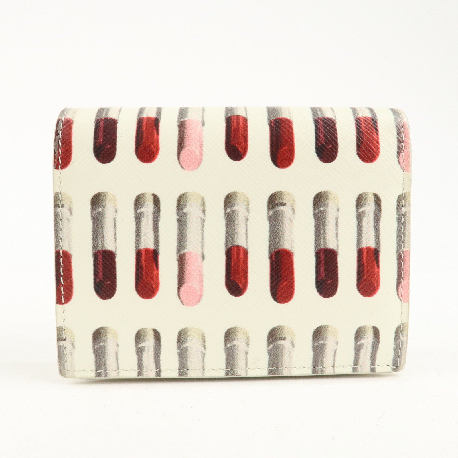 PRADA Logo Leather Lip Design Bi-Fold Wallet Ivory Used