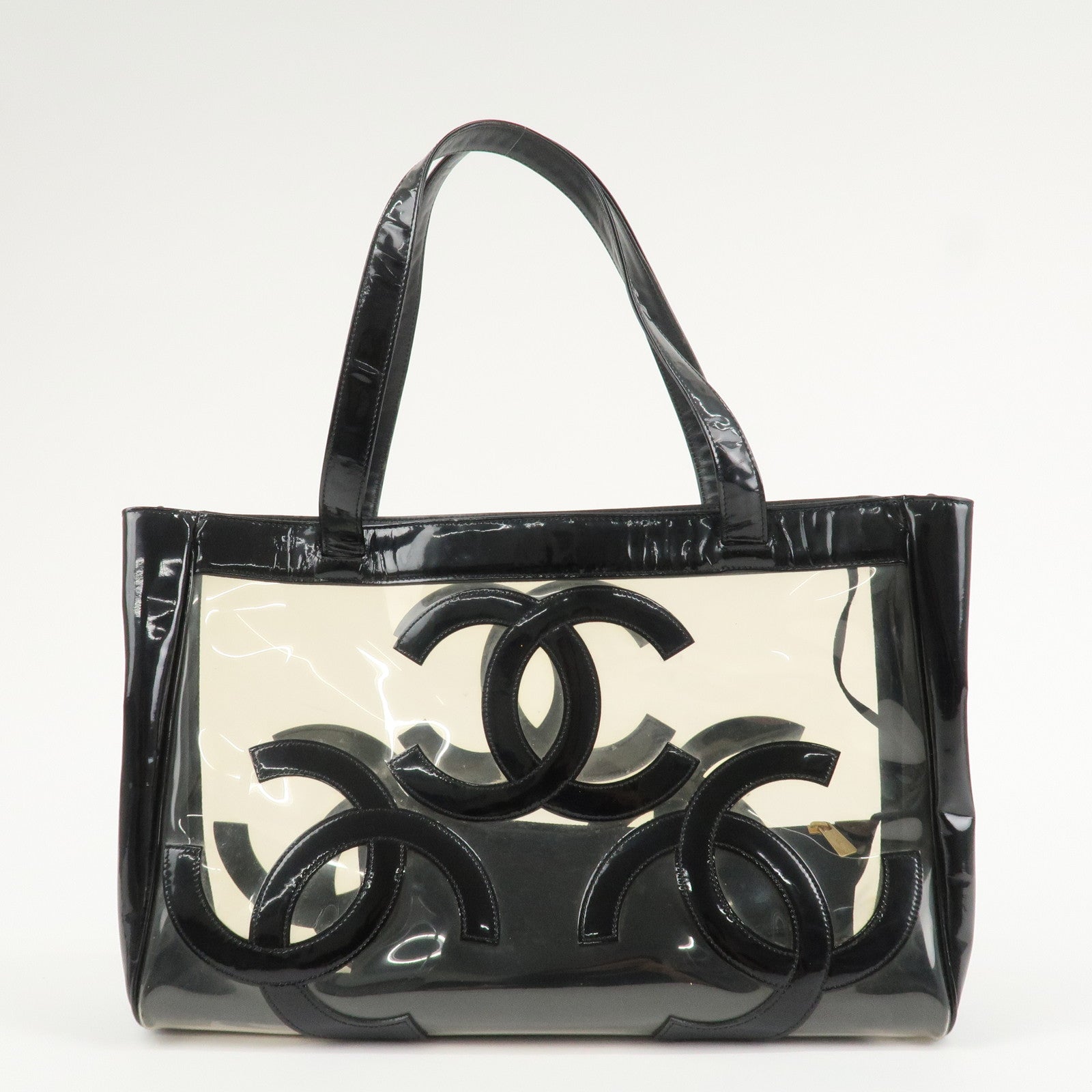 CHANEL PVC Patent Leather Vinyl Triple COCO Mark Tote Bag Black Used