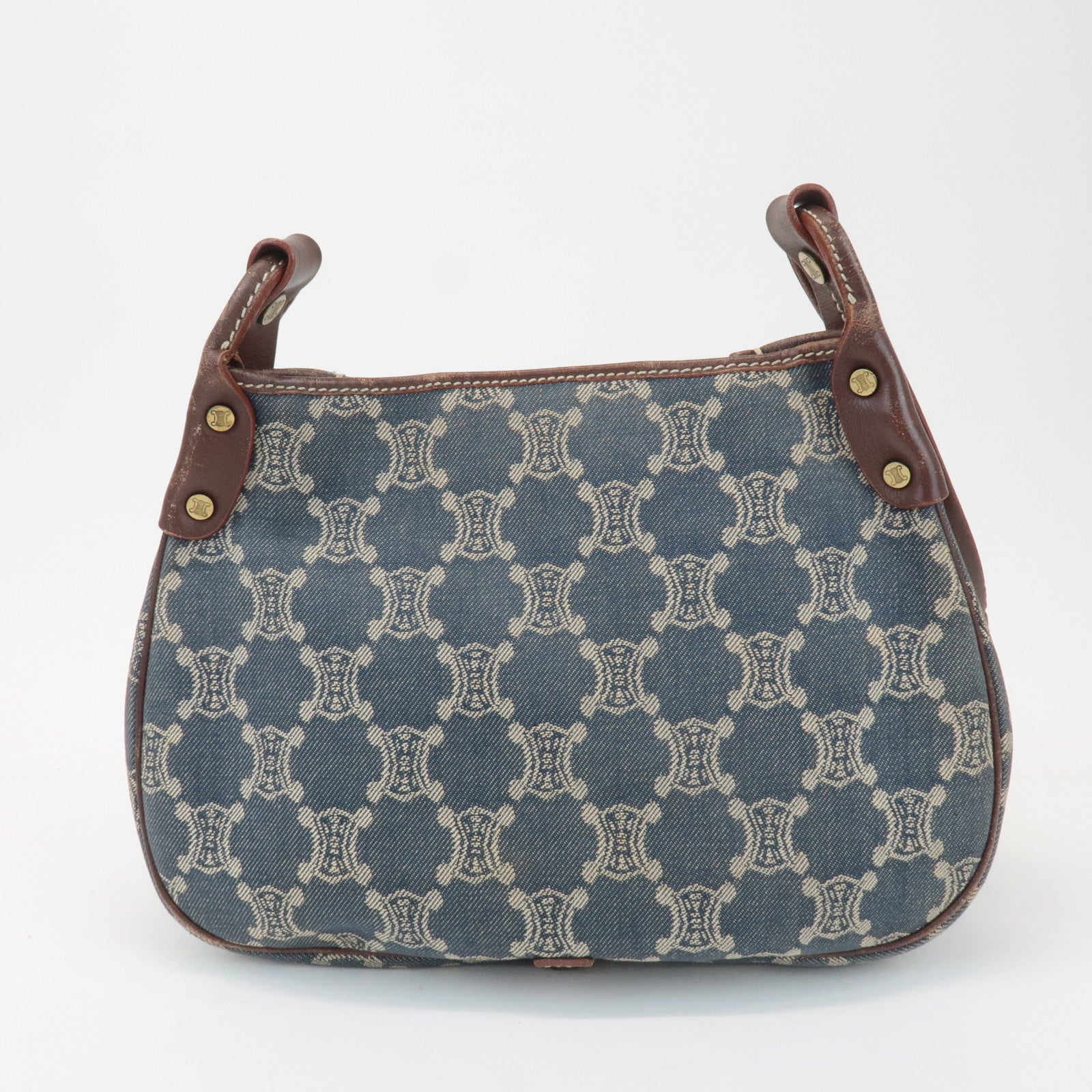 CELINE Macadam Denim Leather Shoulder Bag Blue Brown Used