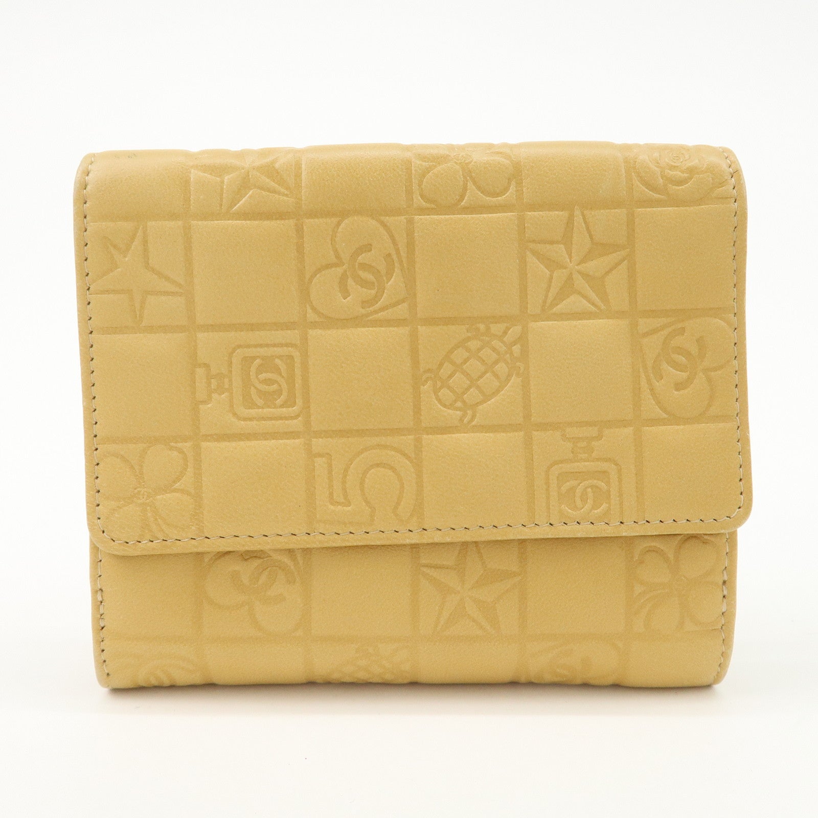CHANEL Icon Line Lamb Skin W Flap Bi-fold Wallet Beige A24212 Used