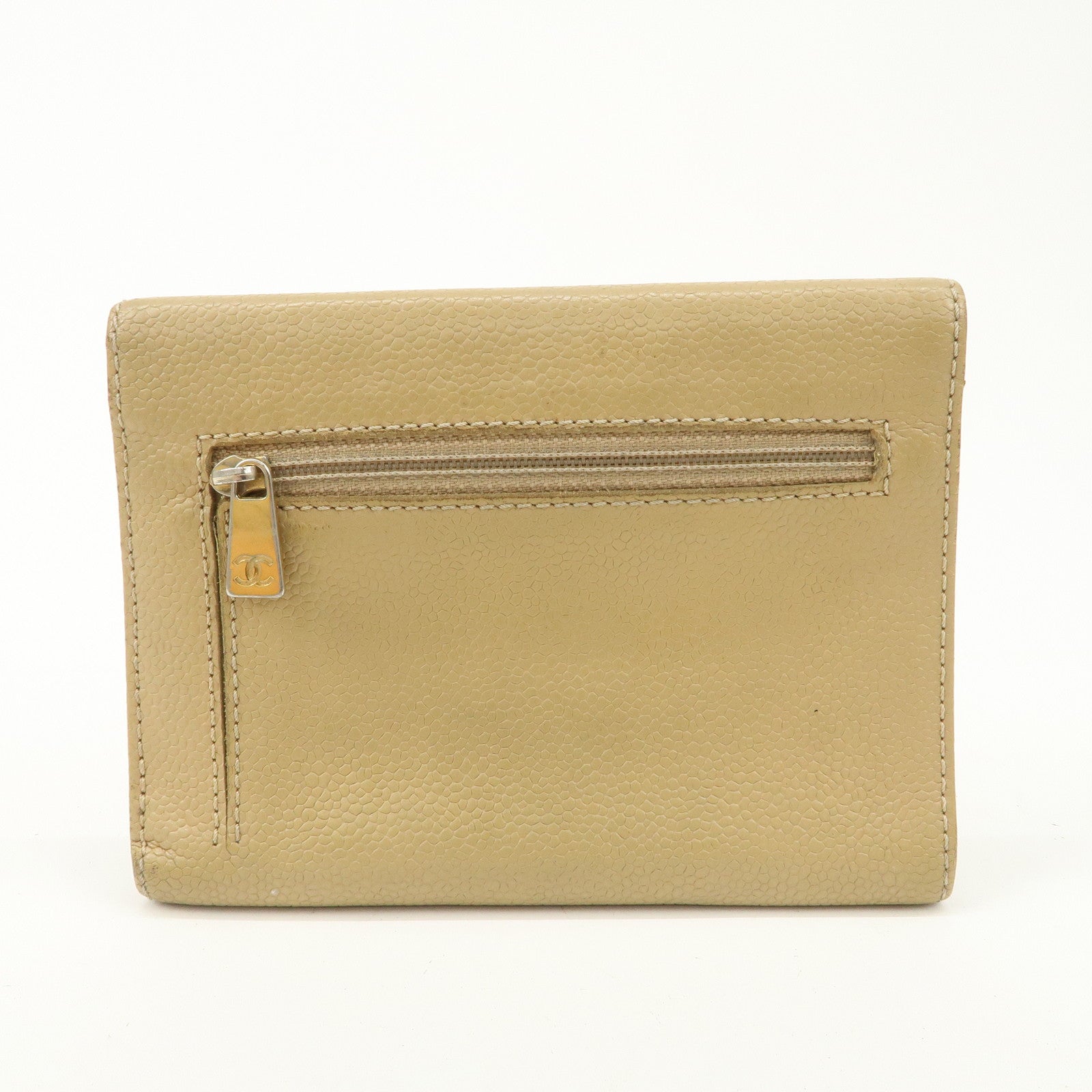 CHANEL Caviar Skin COCO Mark Tri-Fold Wallet Beige Gold Used