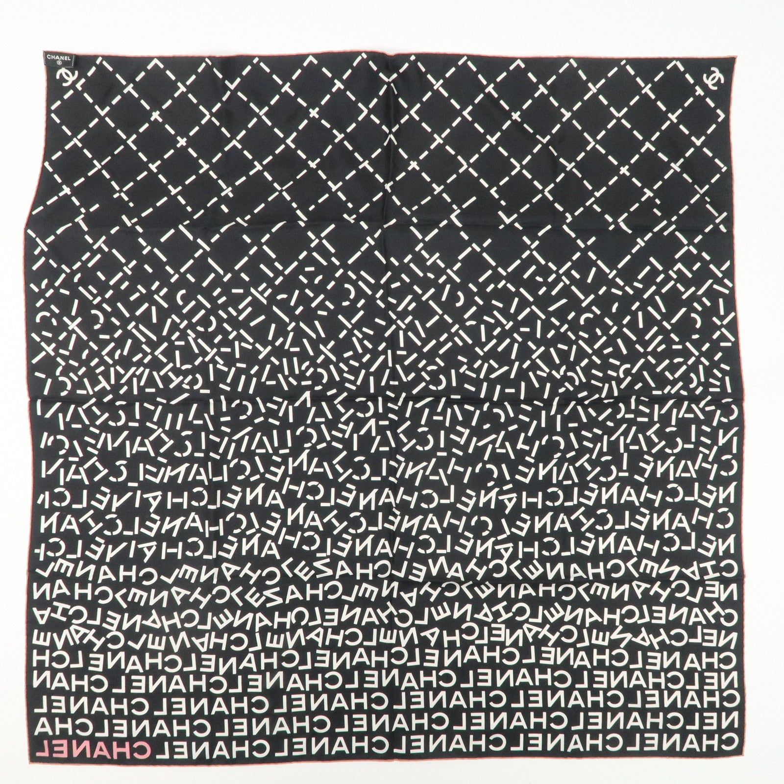 CHANEL Silk 100% Scarf Black White Used