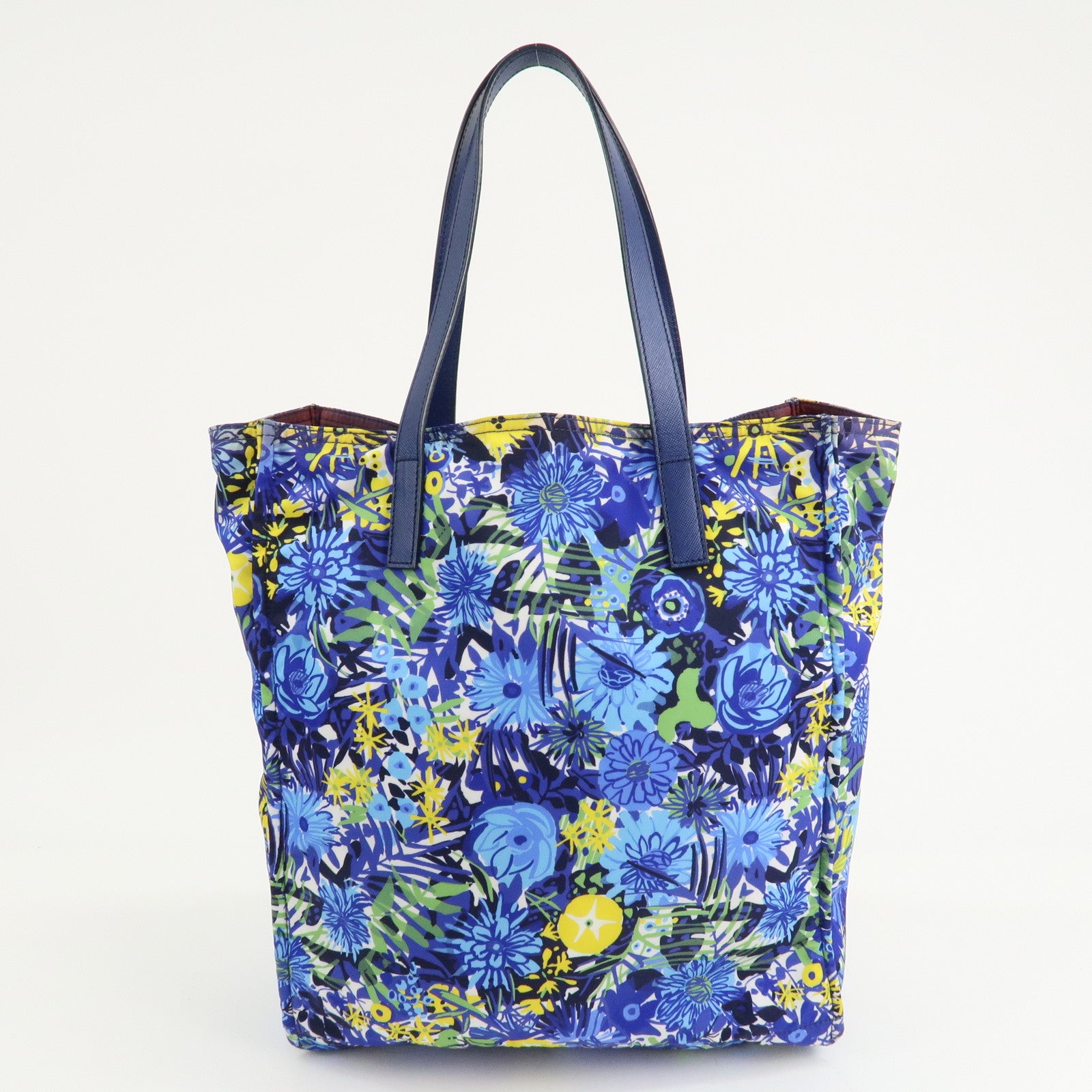 PRADA Logo Nylon Leather Tote Bag Floral Print Blue BN2851 Used