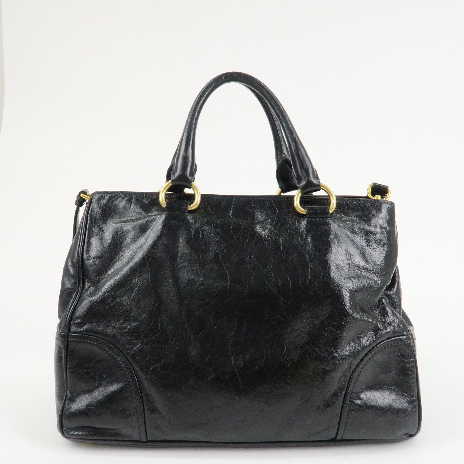 PRADA Leather 2way Bag Hand Bag Shoulder Bag Black Gold HDW Used