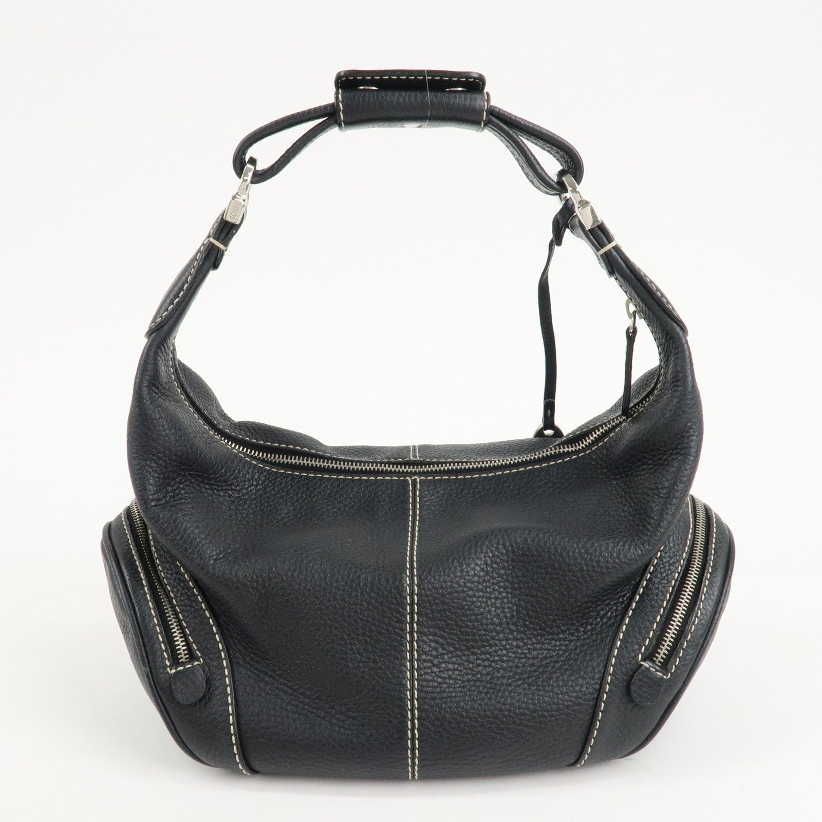 TOD'S Leather Shoulder Bag Hand Bag Black Silver Hardware Used
