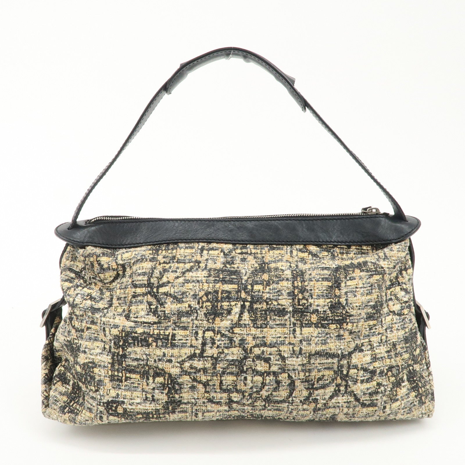 CHANEL Tweed Leather Shoulder Bag Hand Bag Black Beige Used