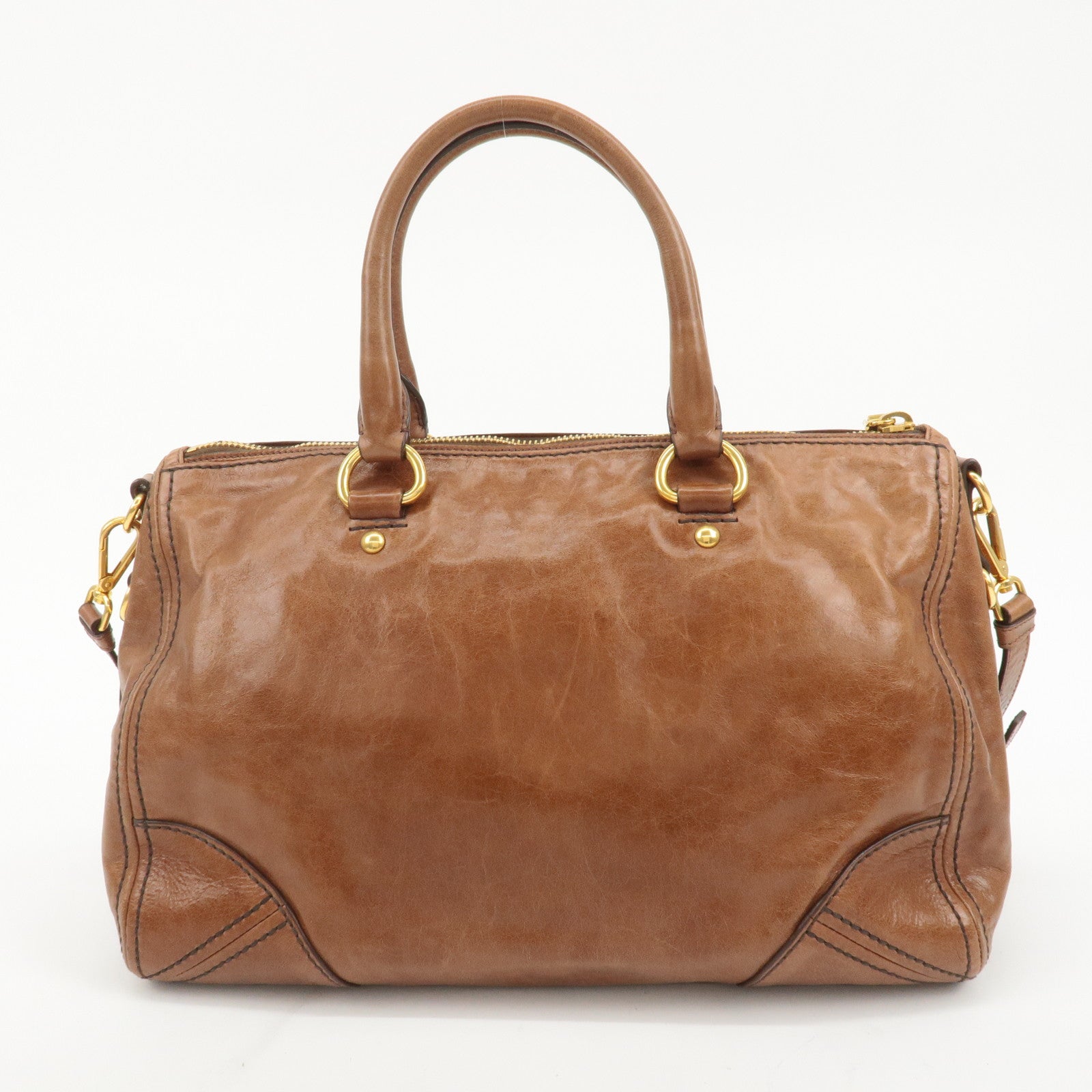 PRADA Logo Leather 2way Hand Bag Shoulder Bag Brown BL0727 Used