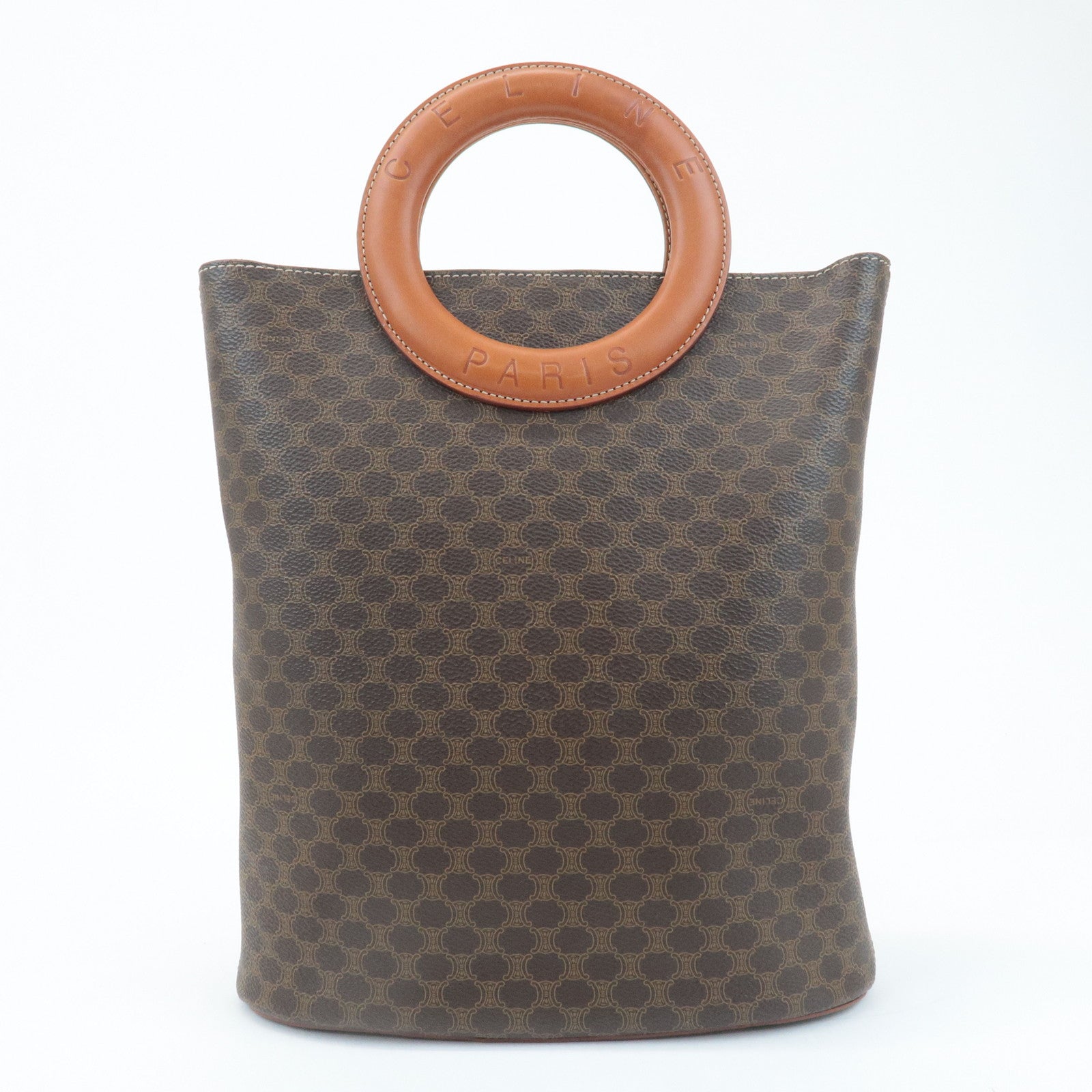 CELINE Macadam PVC Leather Hand Bag Brown Gold Hardware Used