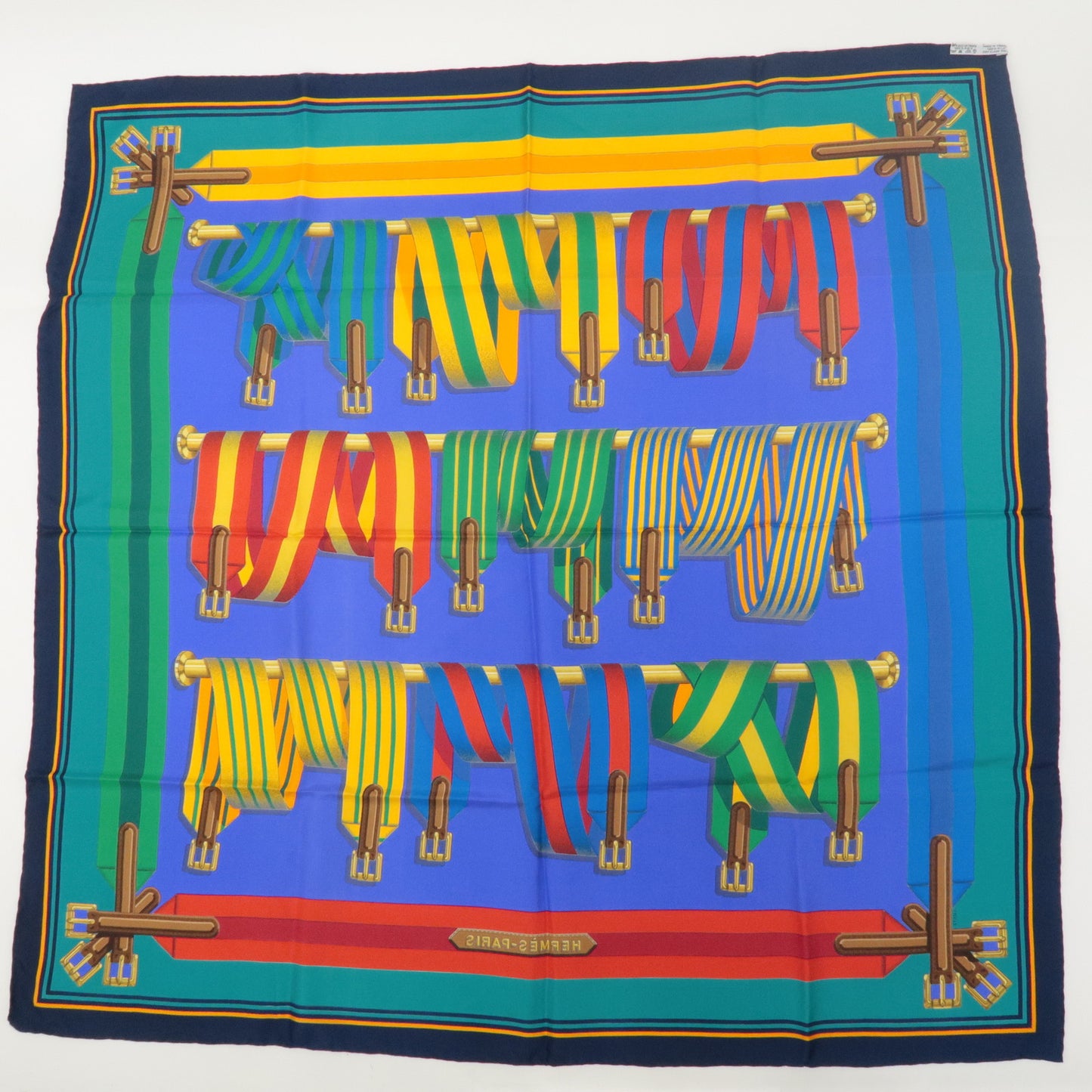 HERMES Carre 90 100% Silk Scarf Les Sangles Blue Green Yellow Red