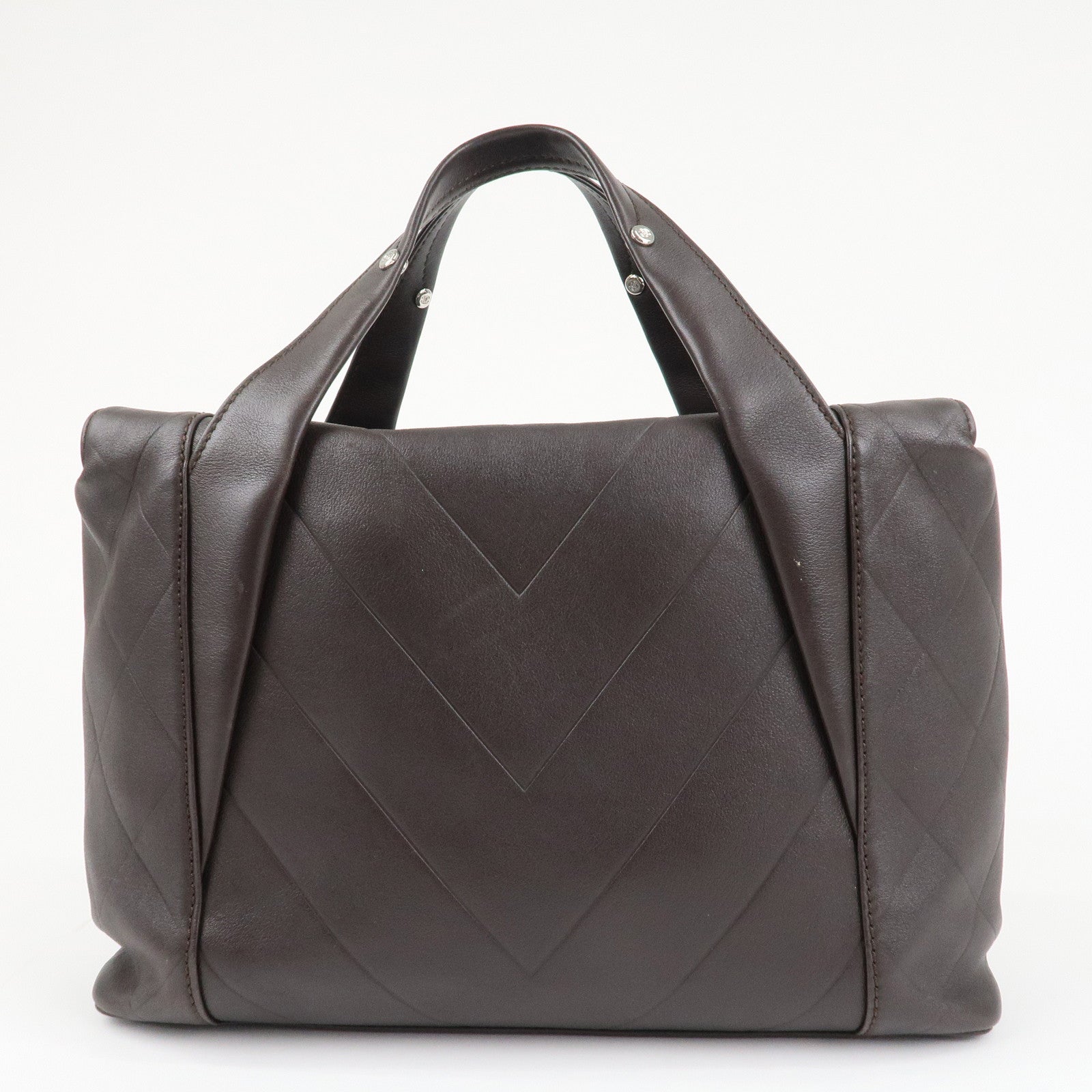 CHANEL COCO Mark Shevron Lamb Skin V Stich Tote Bag Dark Brown Used