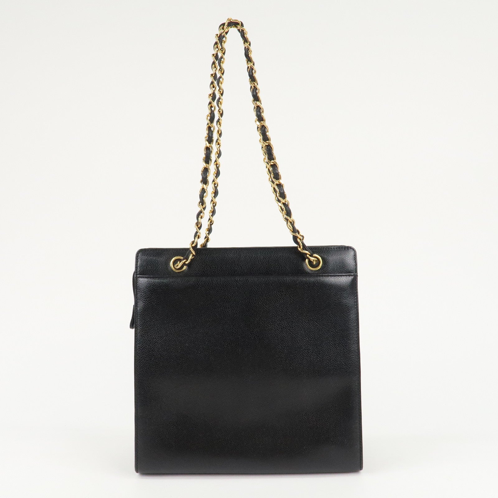 CHANEL COCO Mark Caviar Skin Chain Tote Bag Black Gold Used