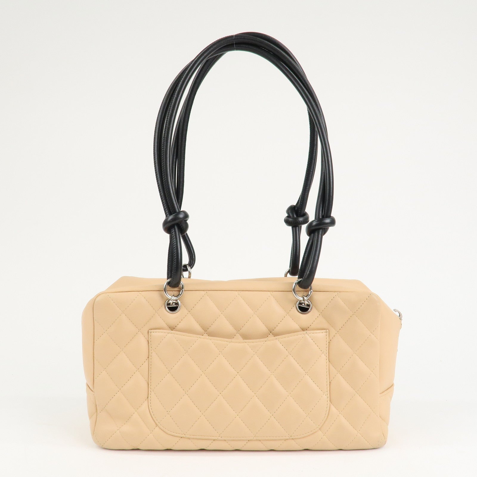 CHANEL Cambon Line Lamb Skin Bowling Bag Hand Bag Beige A25171 Used