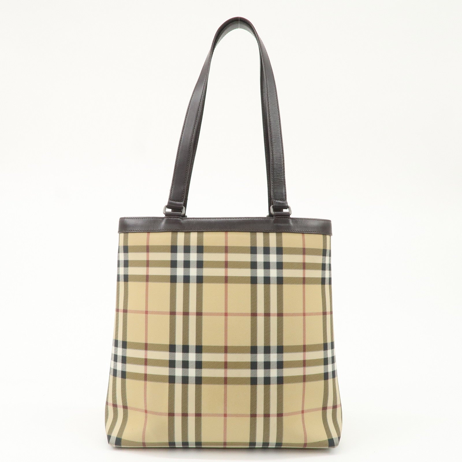 BURBERRY Nova Plaid PVC Leather Tote Bag Beige Brown Used
