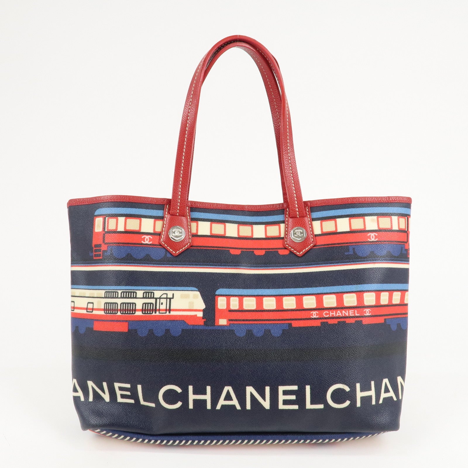 CHANEL PVC Leather Central Station Tote Bag Navy Red Used