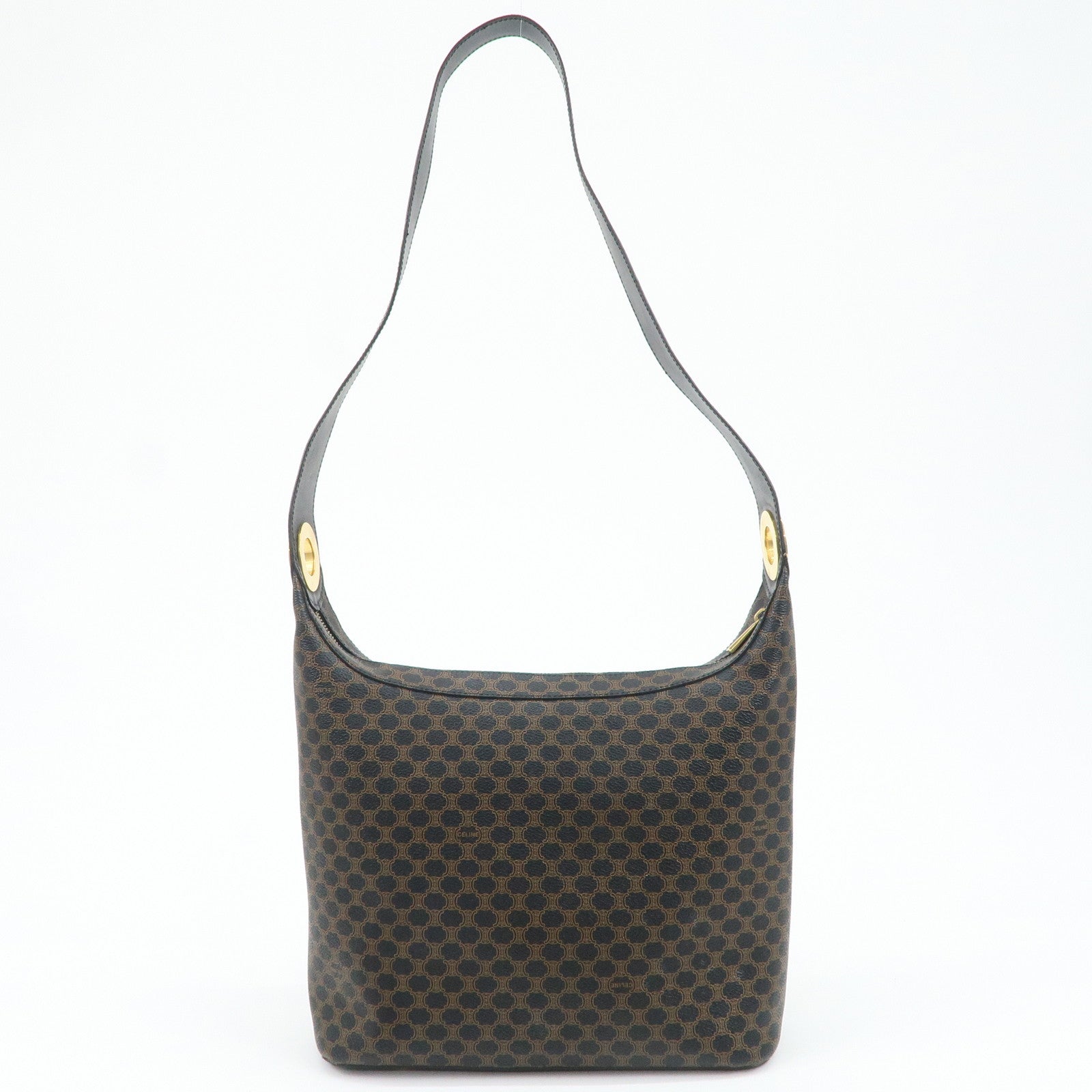 CELINE Macadam PVC Leather Shoulder Bag Black Brown Gold HDW Used