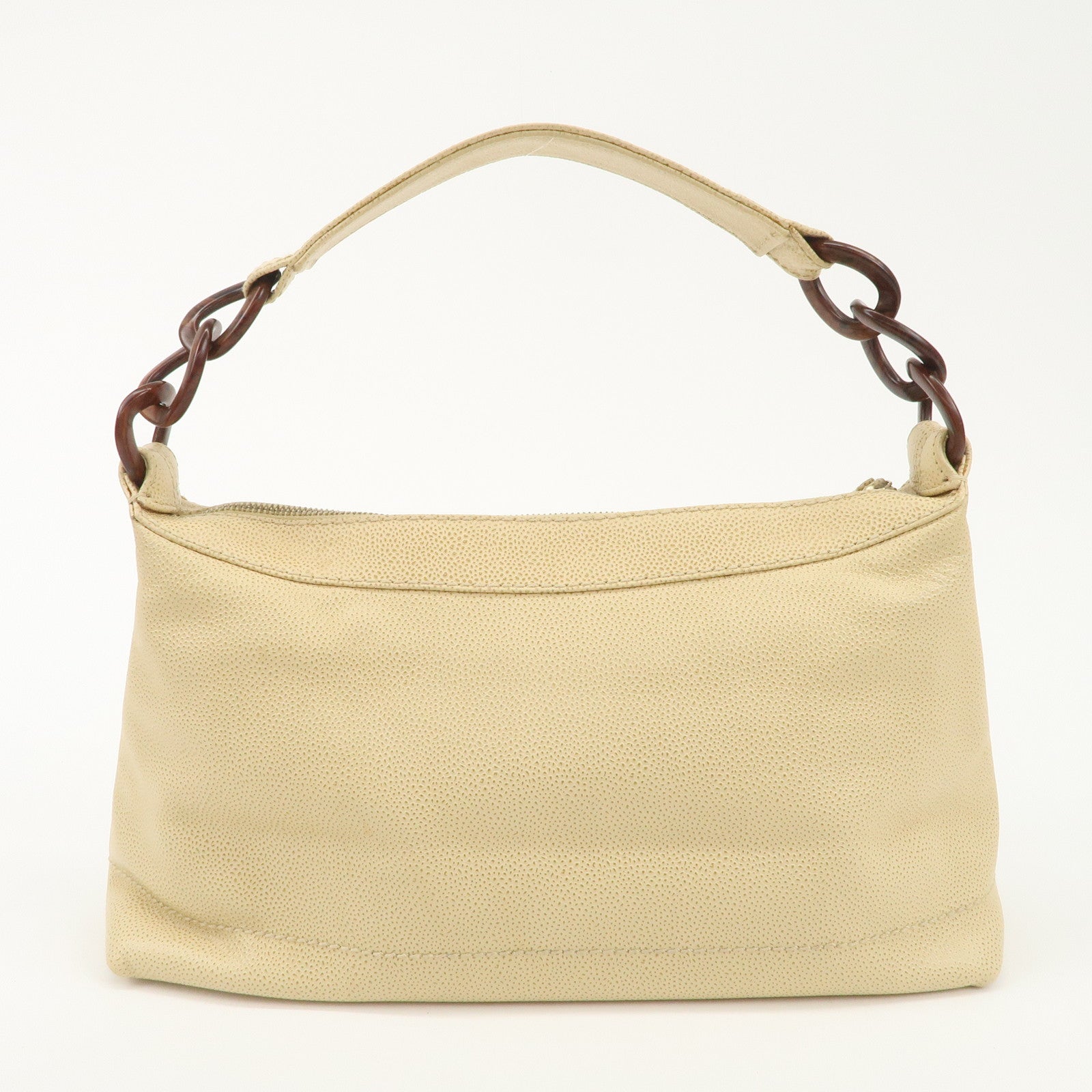 CHANEL Caviar Skin COCO Mark Wood Chain Shoulder Bag Beige Used