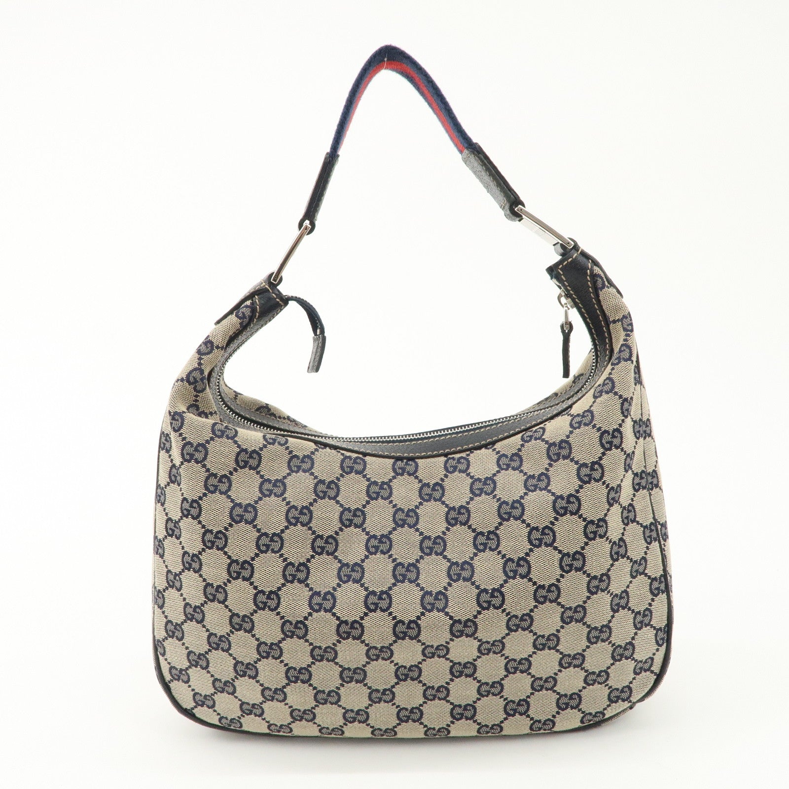GUCCI Sherry GG Canvas Leather Shoulder Bag Beige Navy 145757 Used